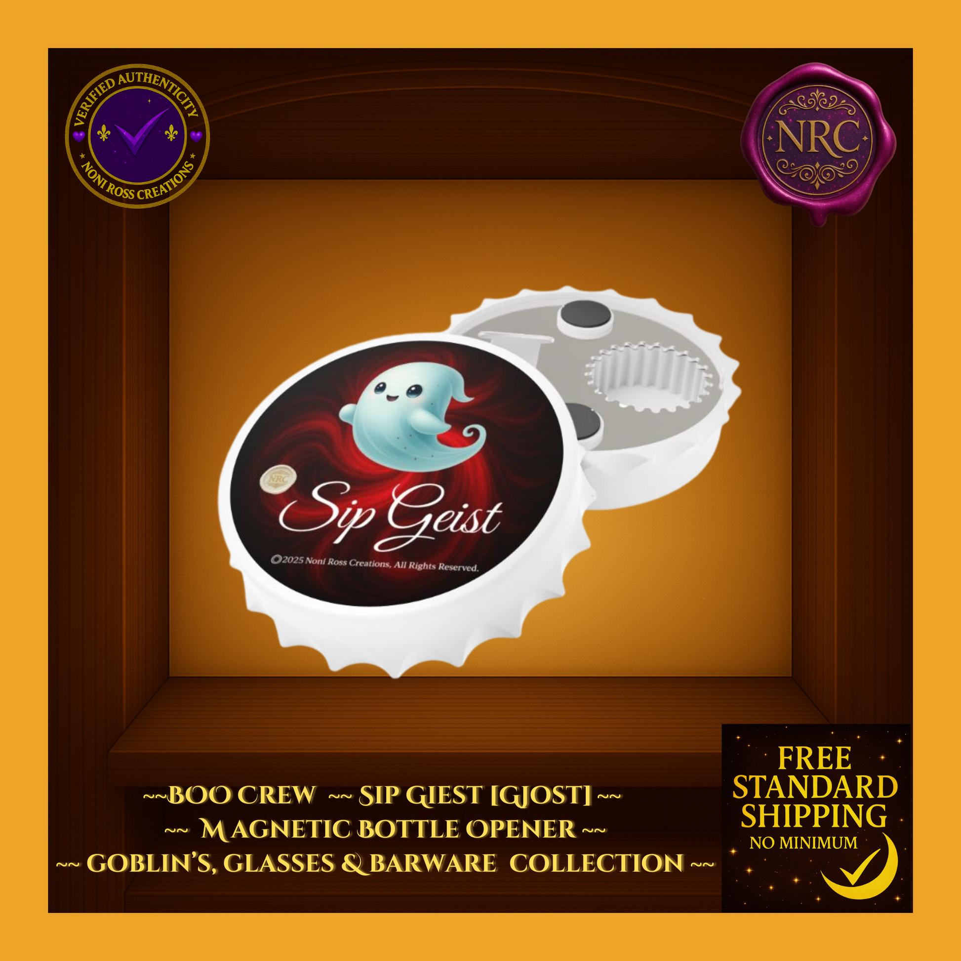 Sip Geist ghost bottle opener angled view showing front and back – red swirl design, glossy surface, sturdy magnet base.