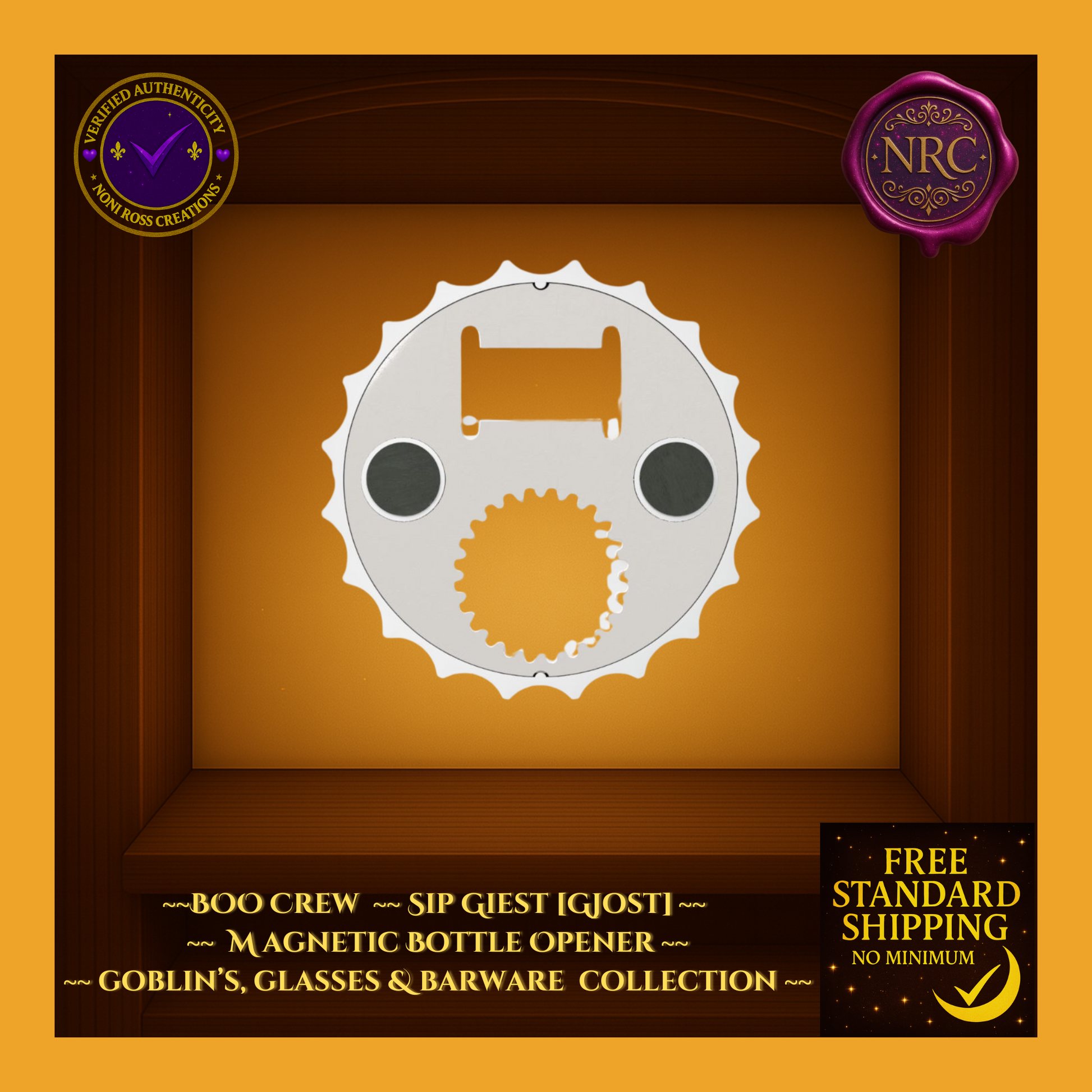 Rear of Sip Geist magnetic bottle opener showing dual magnets and gear-tooth opener detail, silver finish.