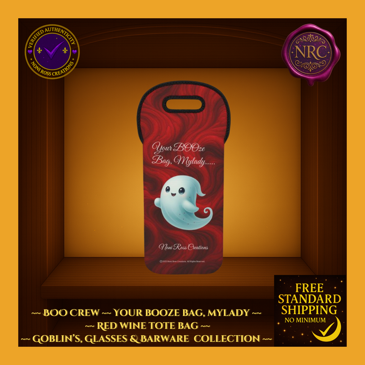 BOO Crew “Your BOOze Bag, My’Lady” red wine tote by Noni Ross Creations—cute mint ghost on crimson swirl background with black trim, single-bottle carrier.