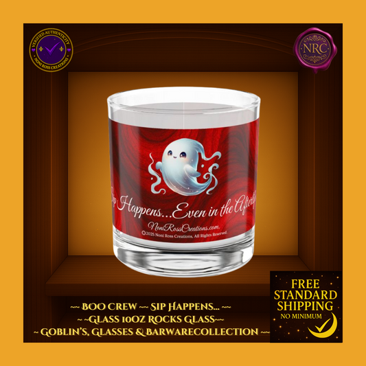 BOO Crew Phantom Sips 10oz Rocks Glass by Noni Ross Creations featuring playful ghost design on clear glass, perfect for spooky cocktails or Halloween parties.
