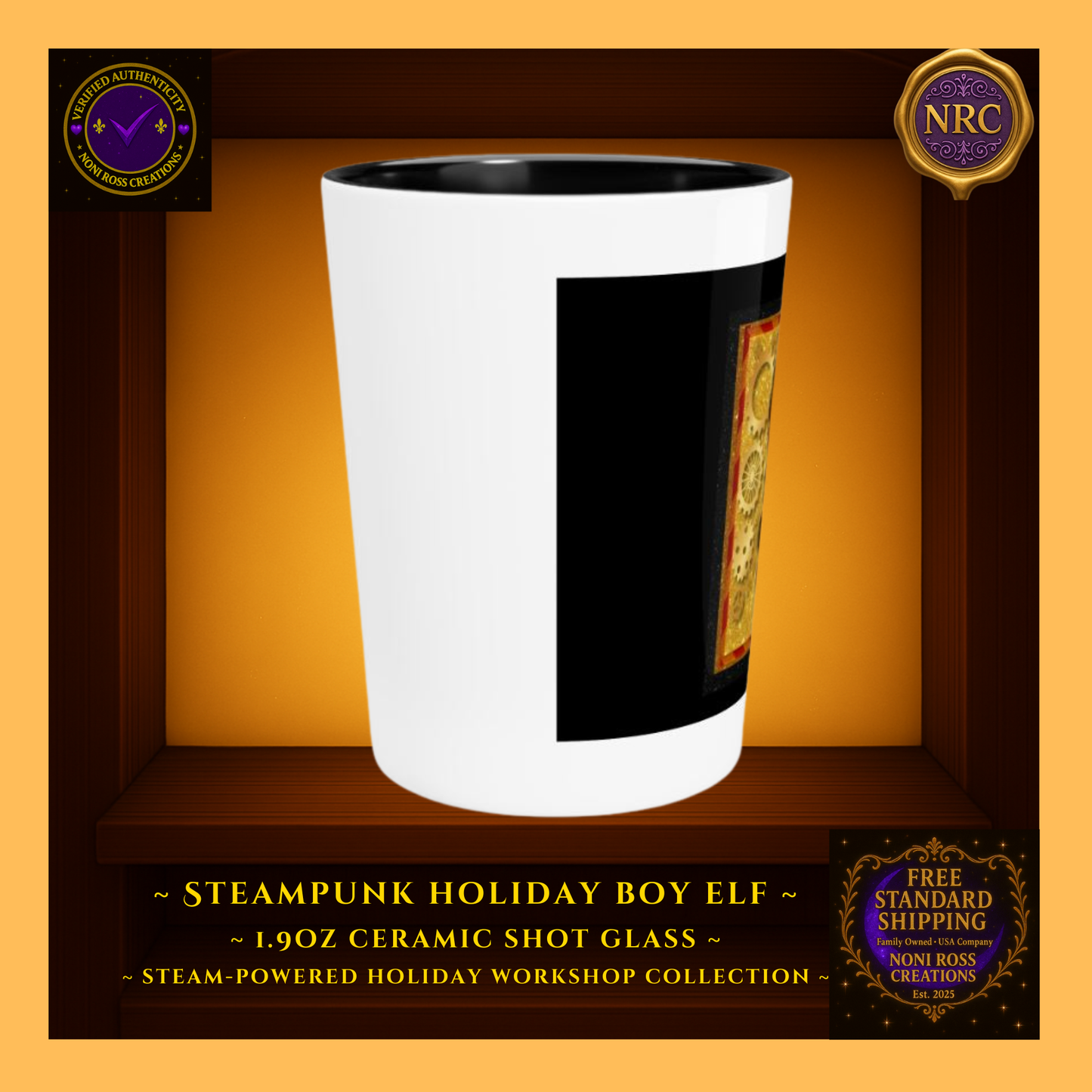 Steam-Powered Boy Elf 1.9oz ceramic shot glass in NRC cubby frame, left side angle showing glossy rim, curved silhouette, and partial elf design.