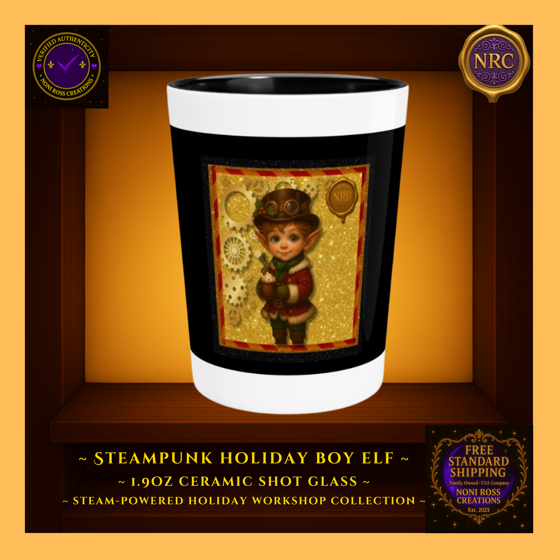 Steam-Powered Boy Elf 1.9oz ceramic shot glass centered in NRC cubby frame, full front steampunk holiday boy elf artwork clearly visible.
