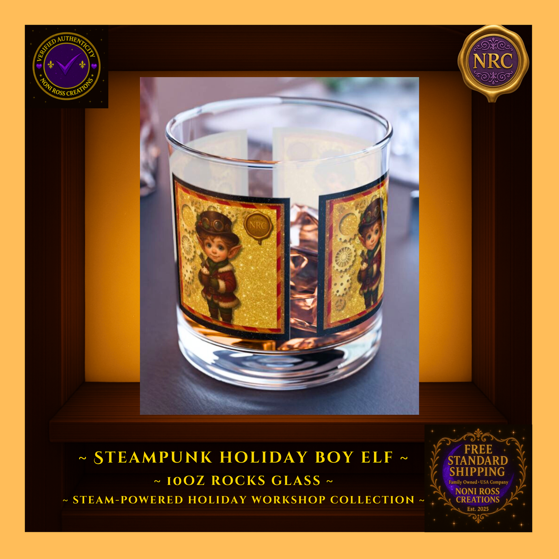 Steam-Powered Boy Elf 10oz rocks glass in NRC cubby lifestyle setting, shown beside festive décor as a fun holiday barware piece for entertaining.