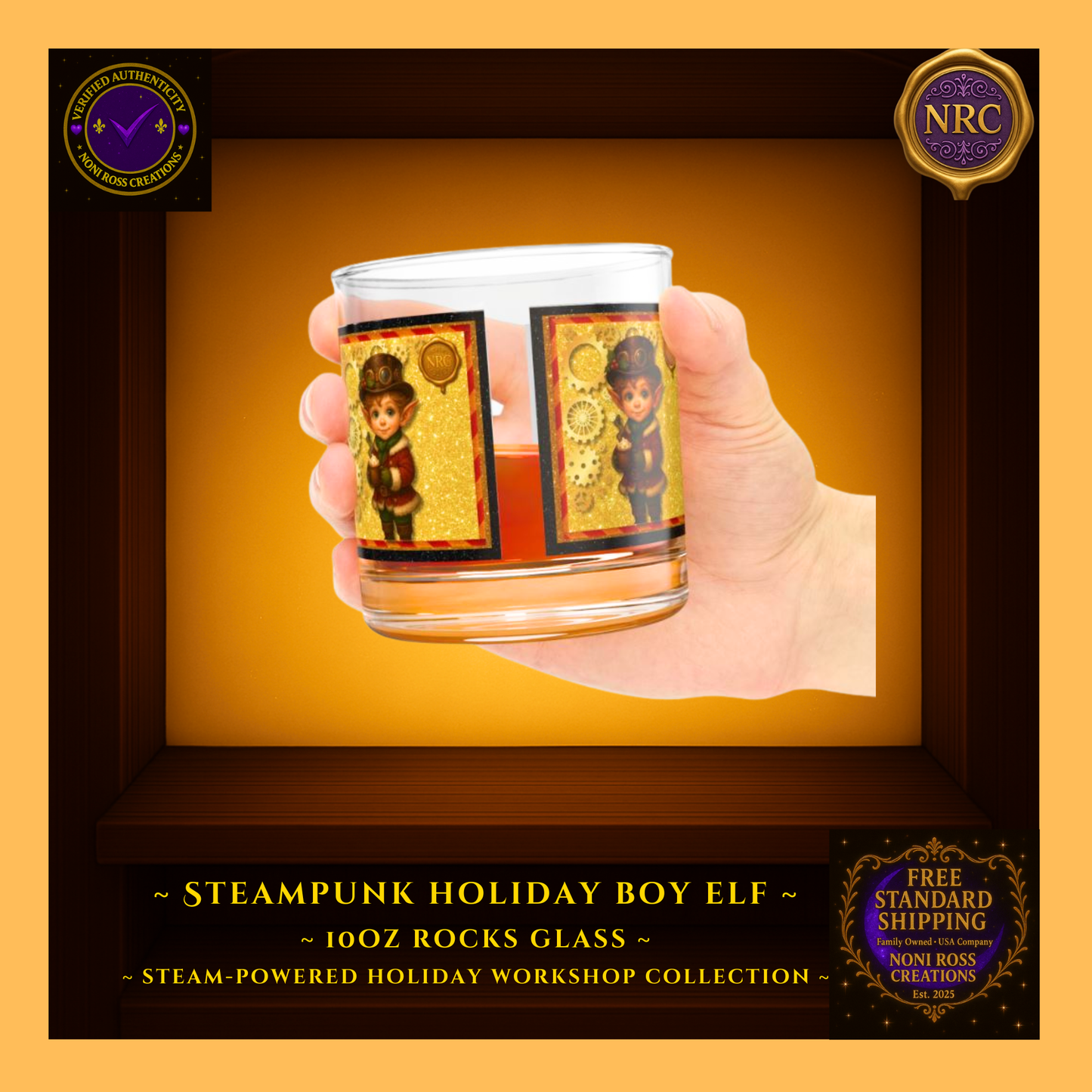 Steam-Powered Boy Elf 10oz rocks glass in NRC cubby lifestyle display, featured as a gift-ready Christmas rocks glass from Noni Ross Creations.