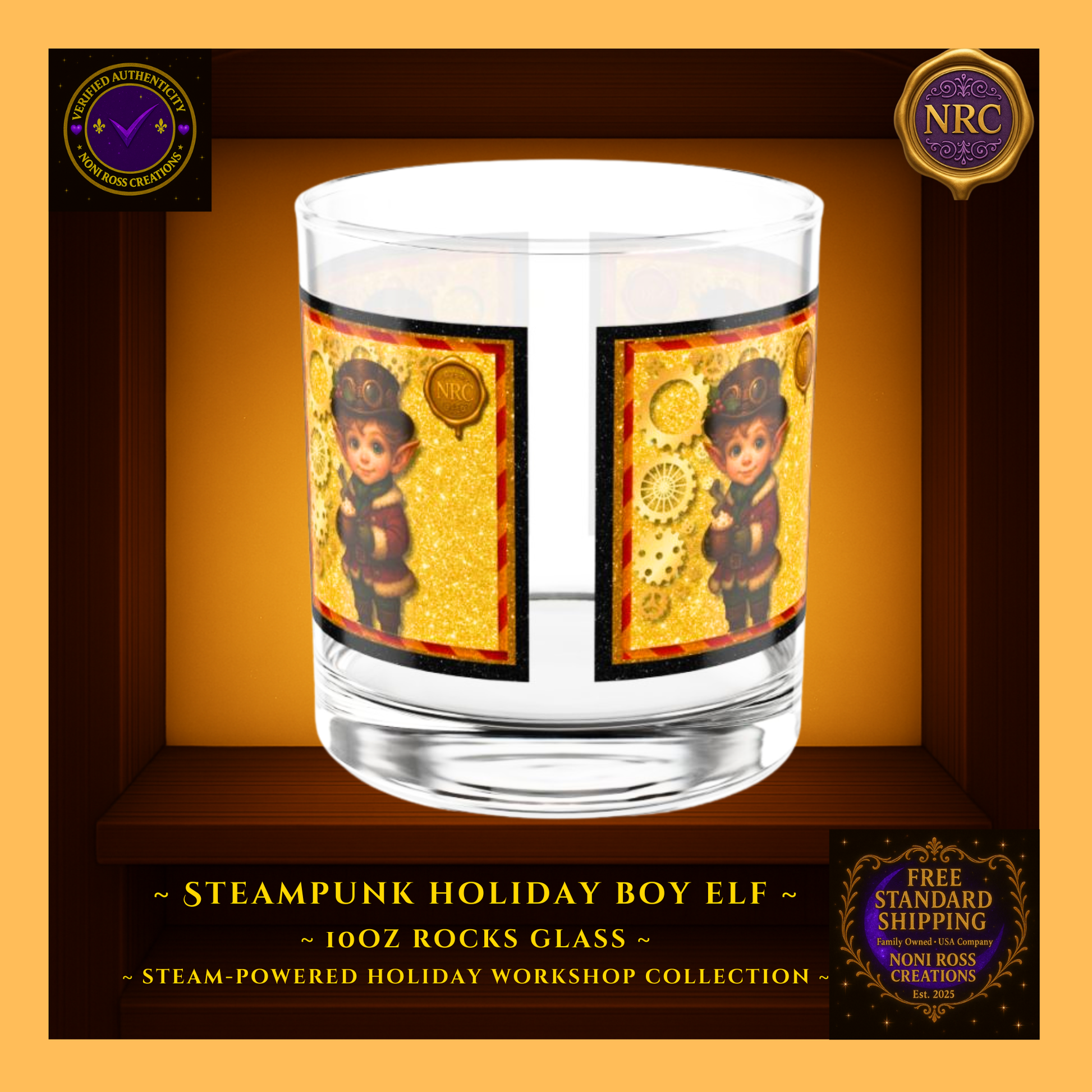 Steam-Powered Boy Elf 10oz rocks glass centered in NRC cubby frame, full front steampunk holiday boy elf artwork clearly visible.