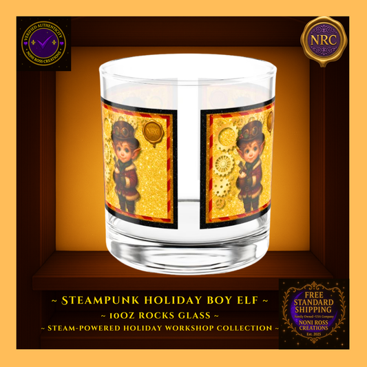 Steam-Powered Boy Elf 10oz rocks glass centered in NRC cubby frame, full front steampunk holiday boy elf artwork clearly visible.