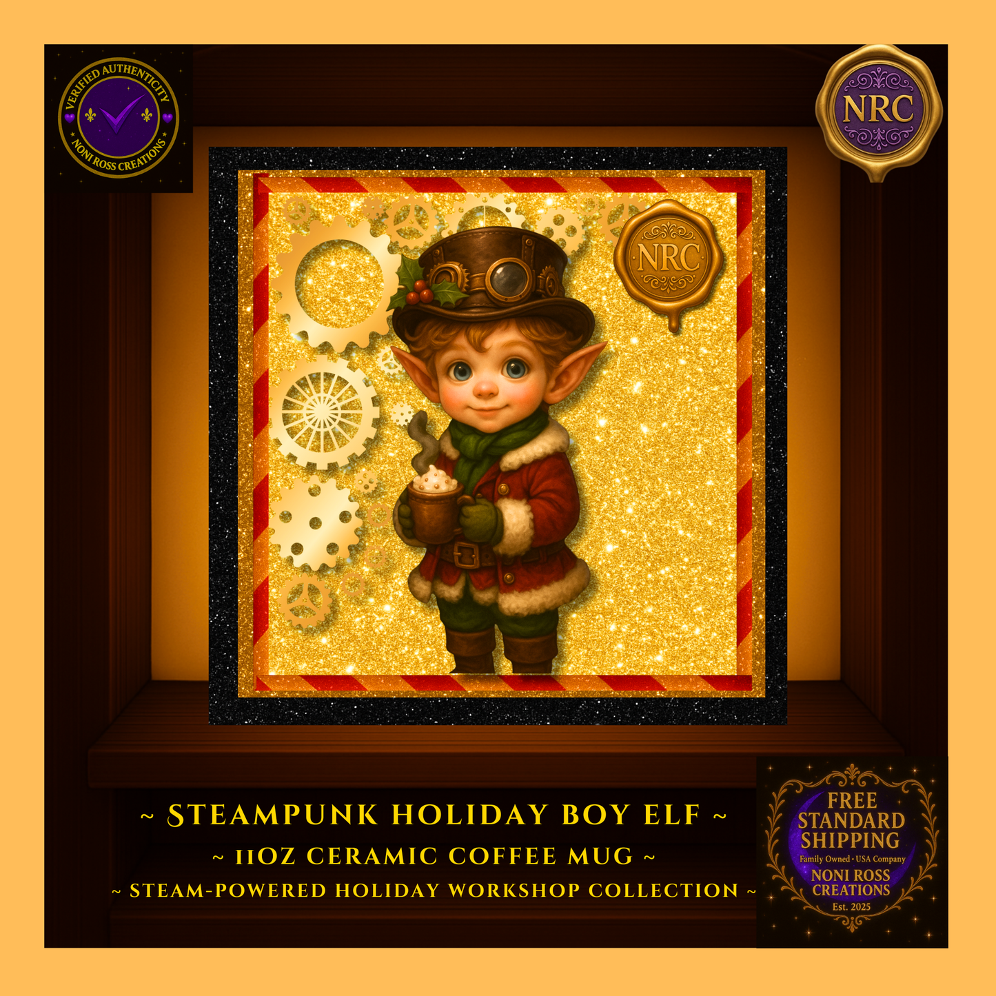 Close-up of Steam-Powered Boy Elf artwork on 11oz ceramic coffee mug inside NRC cubby, showing his festive outfit, gears, and glowing holiday background.