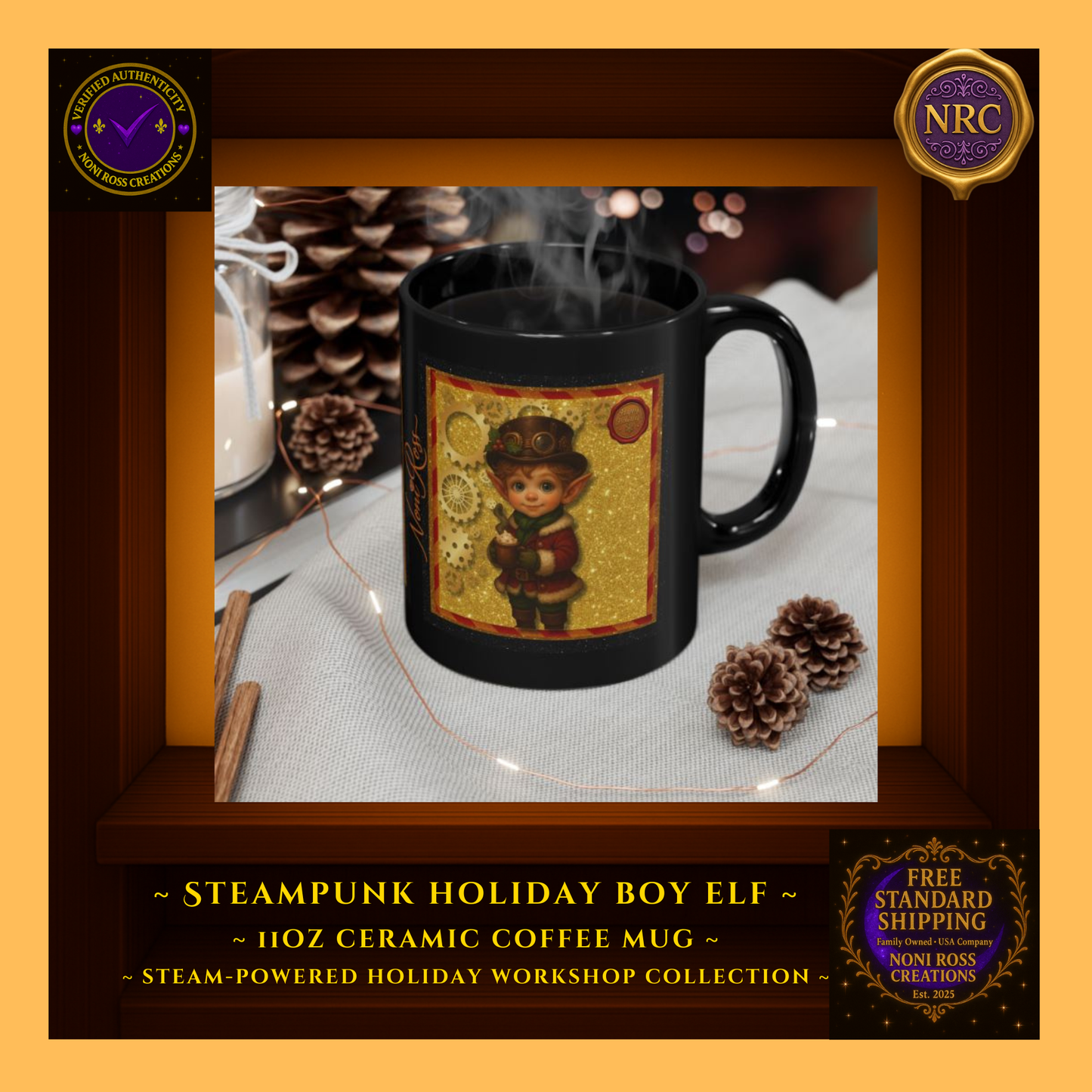 Steam-Powered Boy Elf 11oz ceramic coffee mug in NRC cubby lifestyle scene, styled as whimsical Christmas cocoa or coffee mug on a holiday-themed surface.
