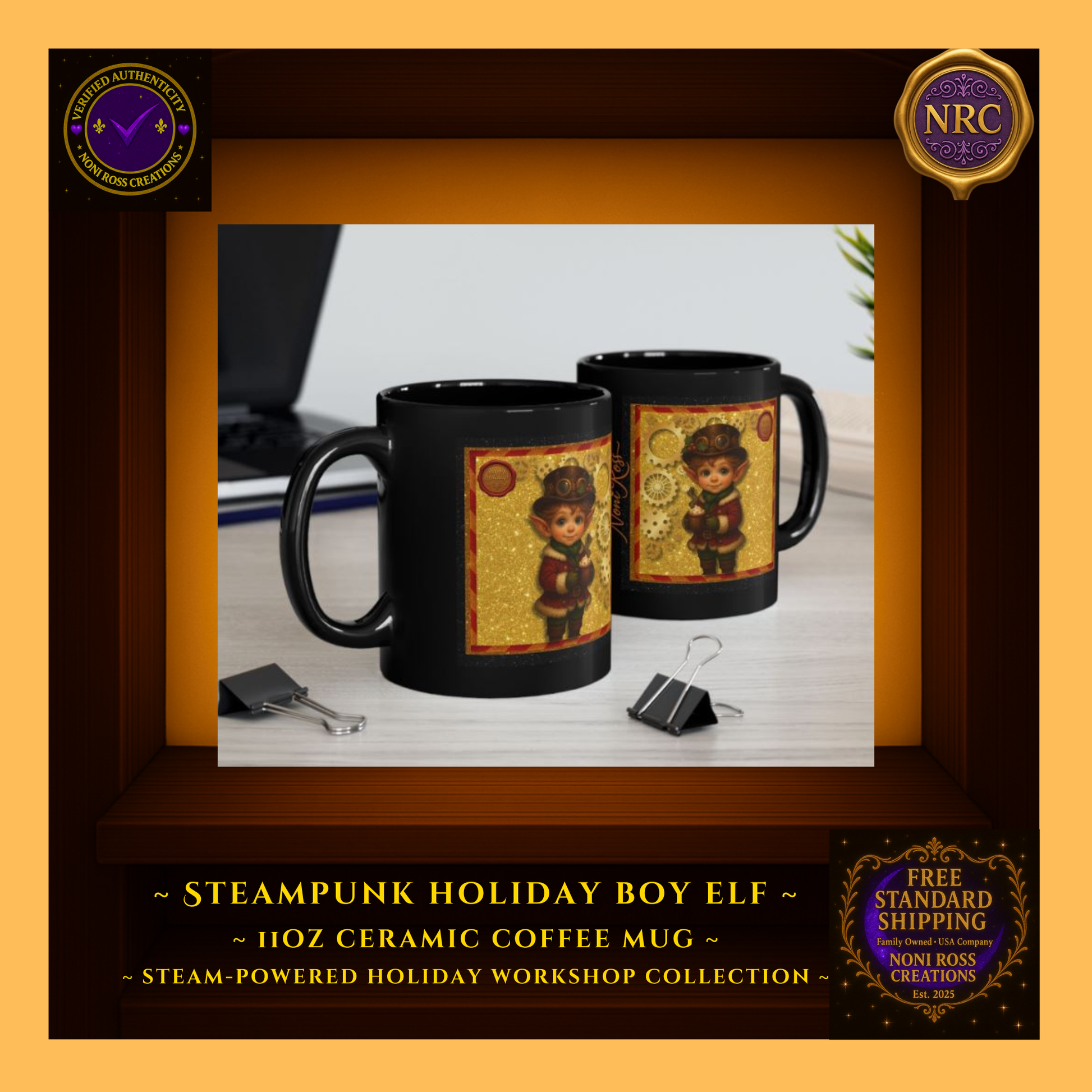 Steam-Powered Boy Elf 11oz ceramic coffee mug in NRC cubby lifestyle setting, shown beside festive décor as a fun, gift-ready holiday mug.