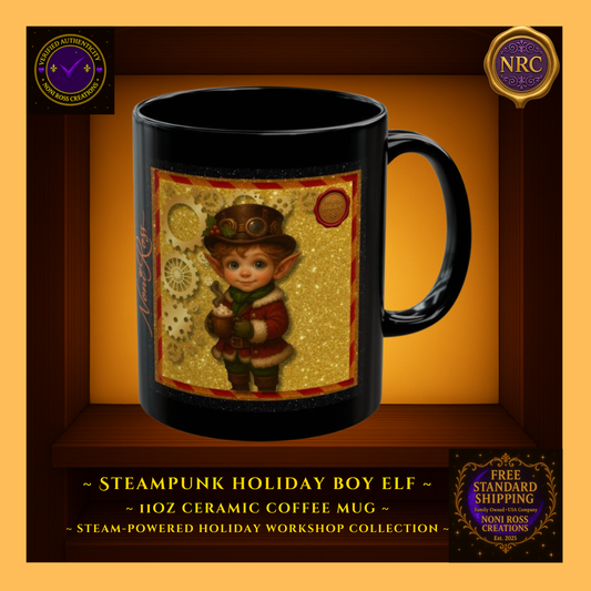 Steam-Powered Boy Elf 11oz ceramic coffee mug centered in NRC cubby frame, full front steampunk holiday boy elf artwork clearly visible.
