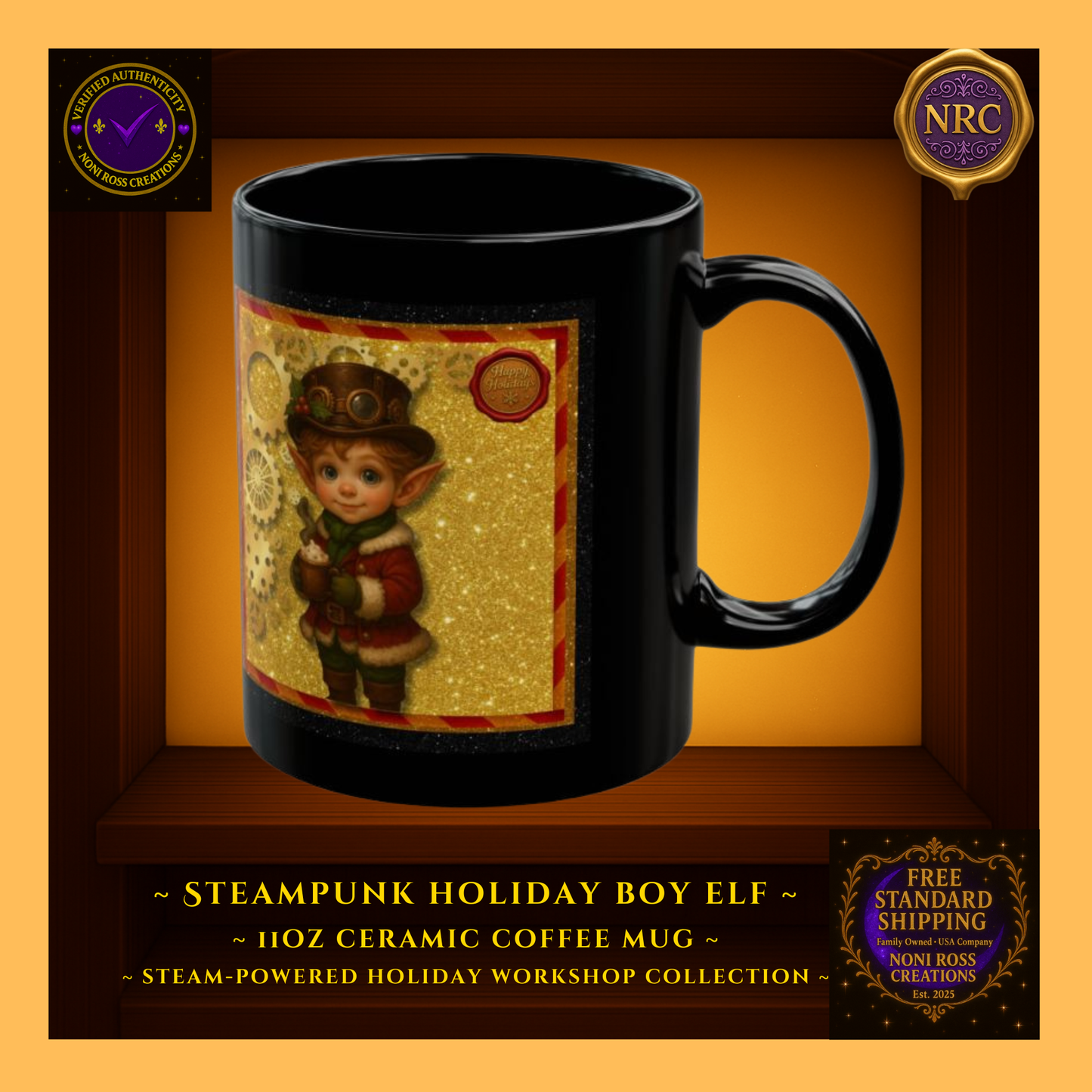 Steam-Powered Boy Elf 11oz ceramic coffee mug in NRC cubby frame, right side view highlighting mug shape and edge of festive steampunk artwork.