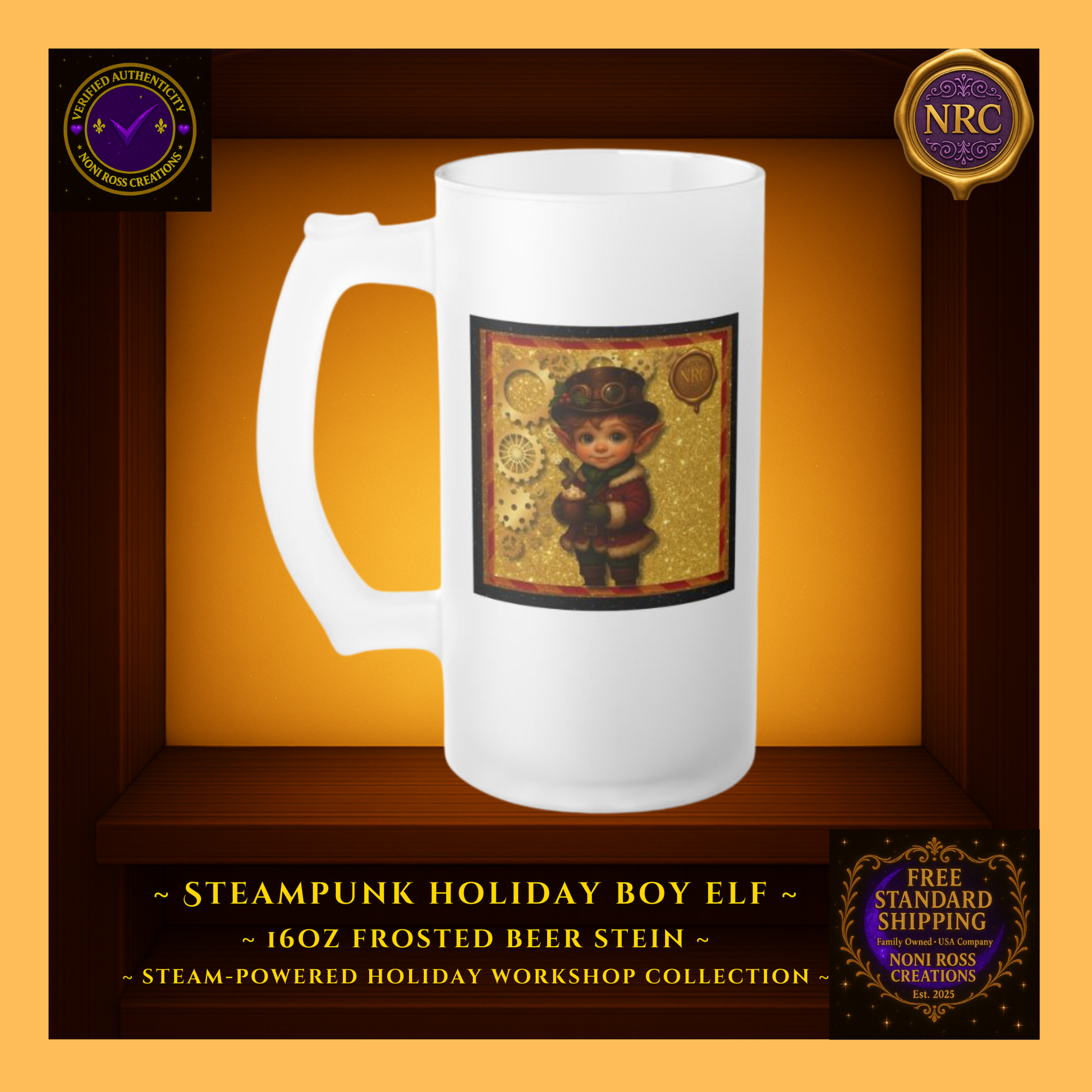 Steam-Powered Boy Elf frosted beer stein centered in NRC cubby frame, full front steampunk holiday boy elf artwork clearly visible.