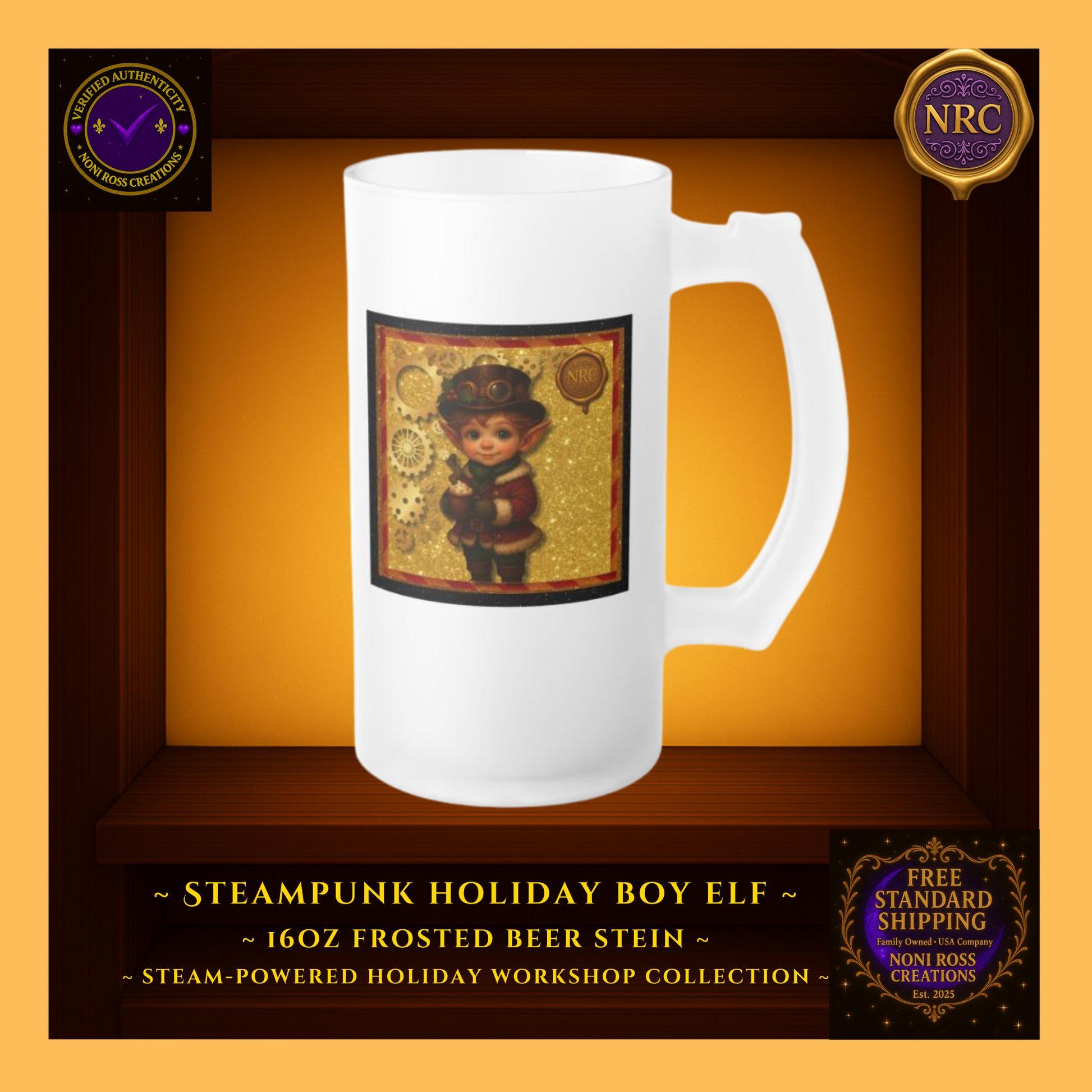 Steam-Powered Boy Elf frosted beer stein in NRC cubby frame, right side angle highlighting curved handle, frosted glass finish, and edge of elf design.