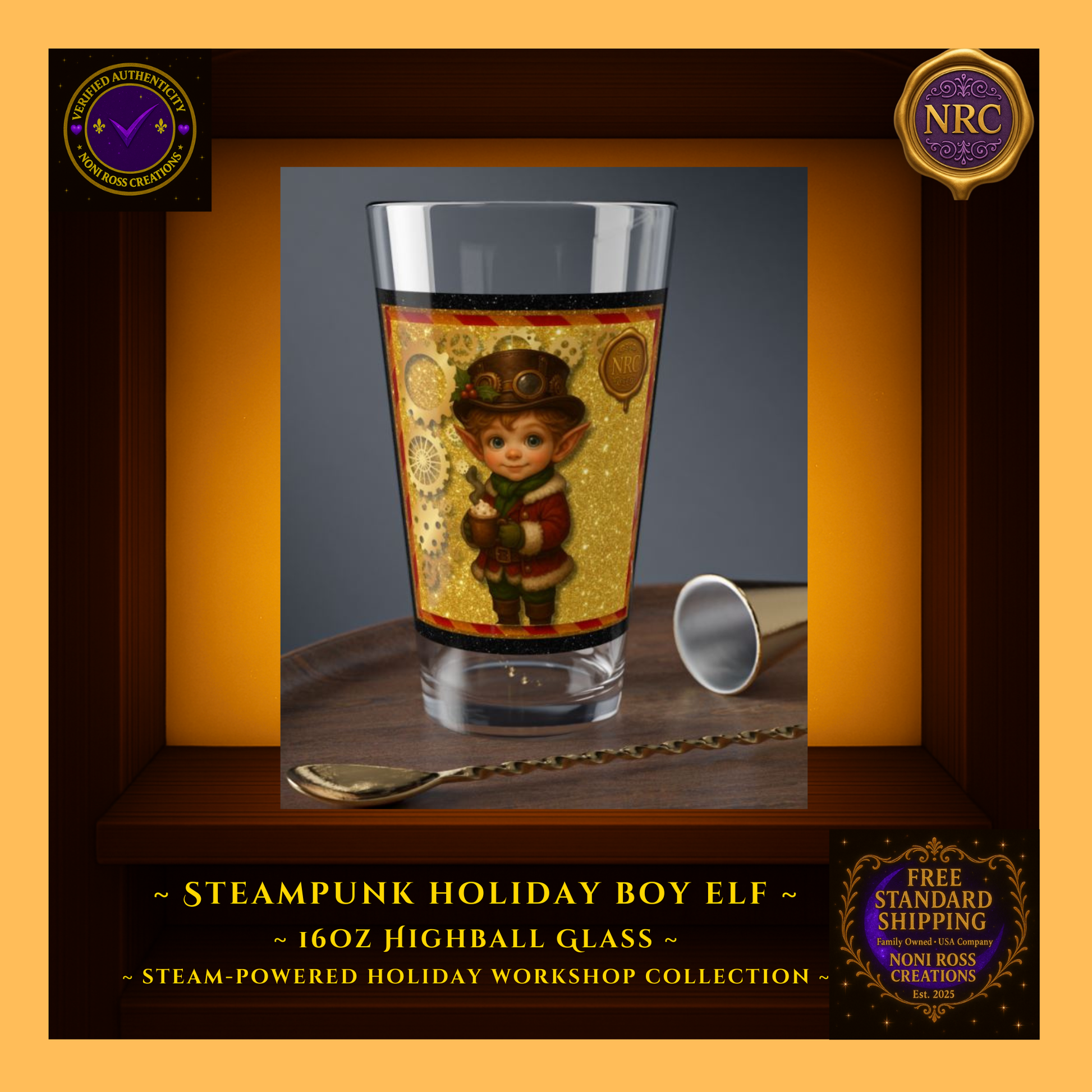 Steam-Powered Boy Elf 16oz highball glass in NRC cubby lifestyle scene, styled as whimsical Christmas cocktail or mocktail glass on a holiday-themed surface.