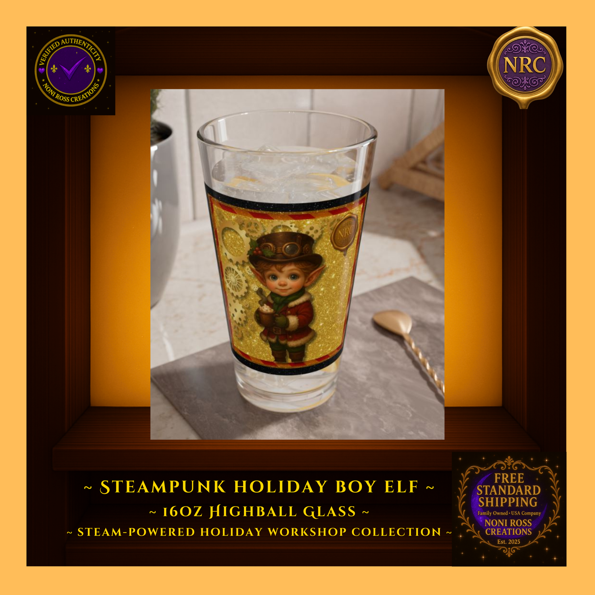 Steam-Powered Boy Elf 16oz highball glass in NRC cubby lifestyle setting, shown as festive barware and a gift-ready Christmas glass from Noni Ross Creations.