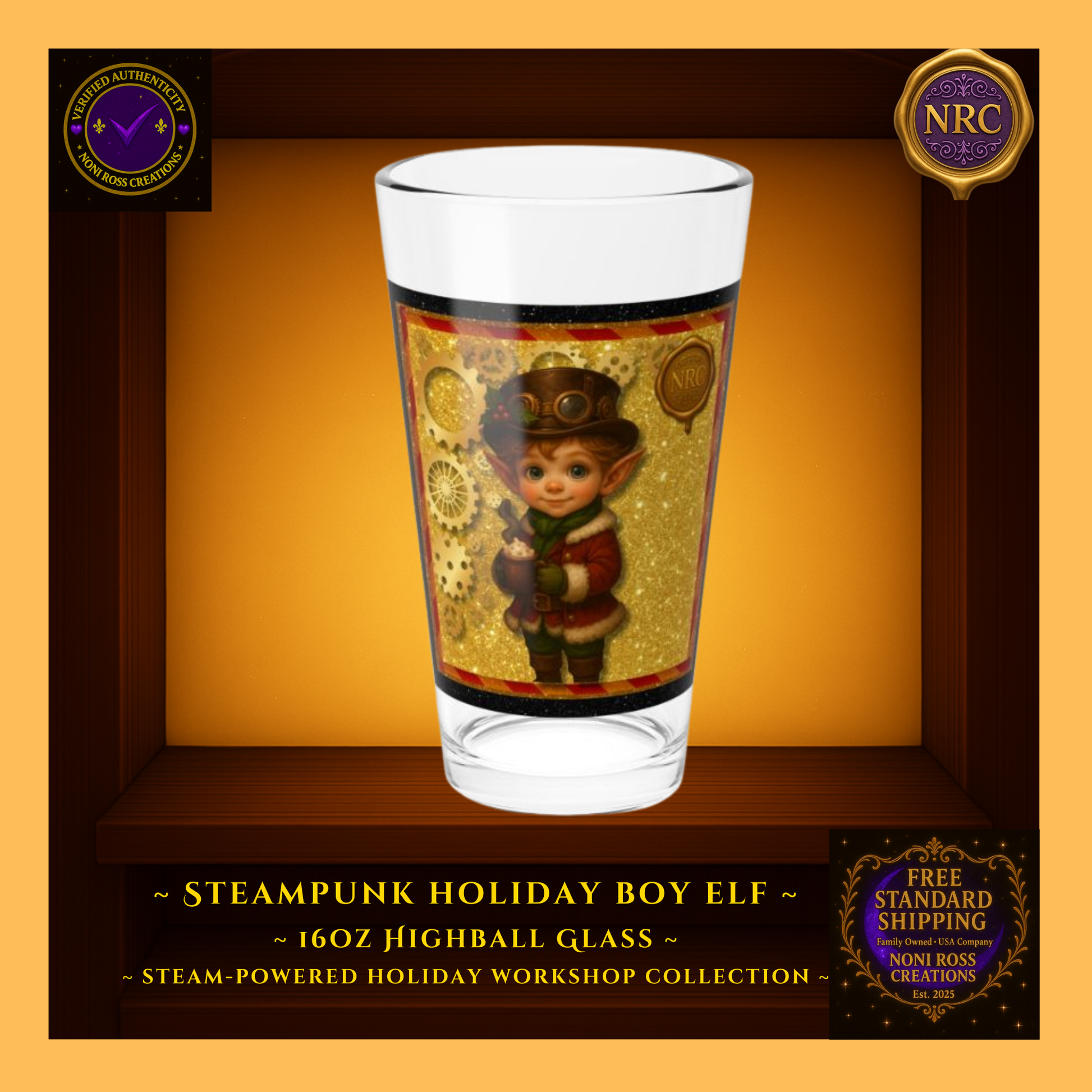 Steam-Powered Boy Elf 16oz highball glass centered in NRC cubby frame, full front steampunk holiday boy elf artwork clearly visible.