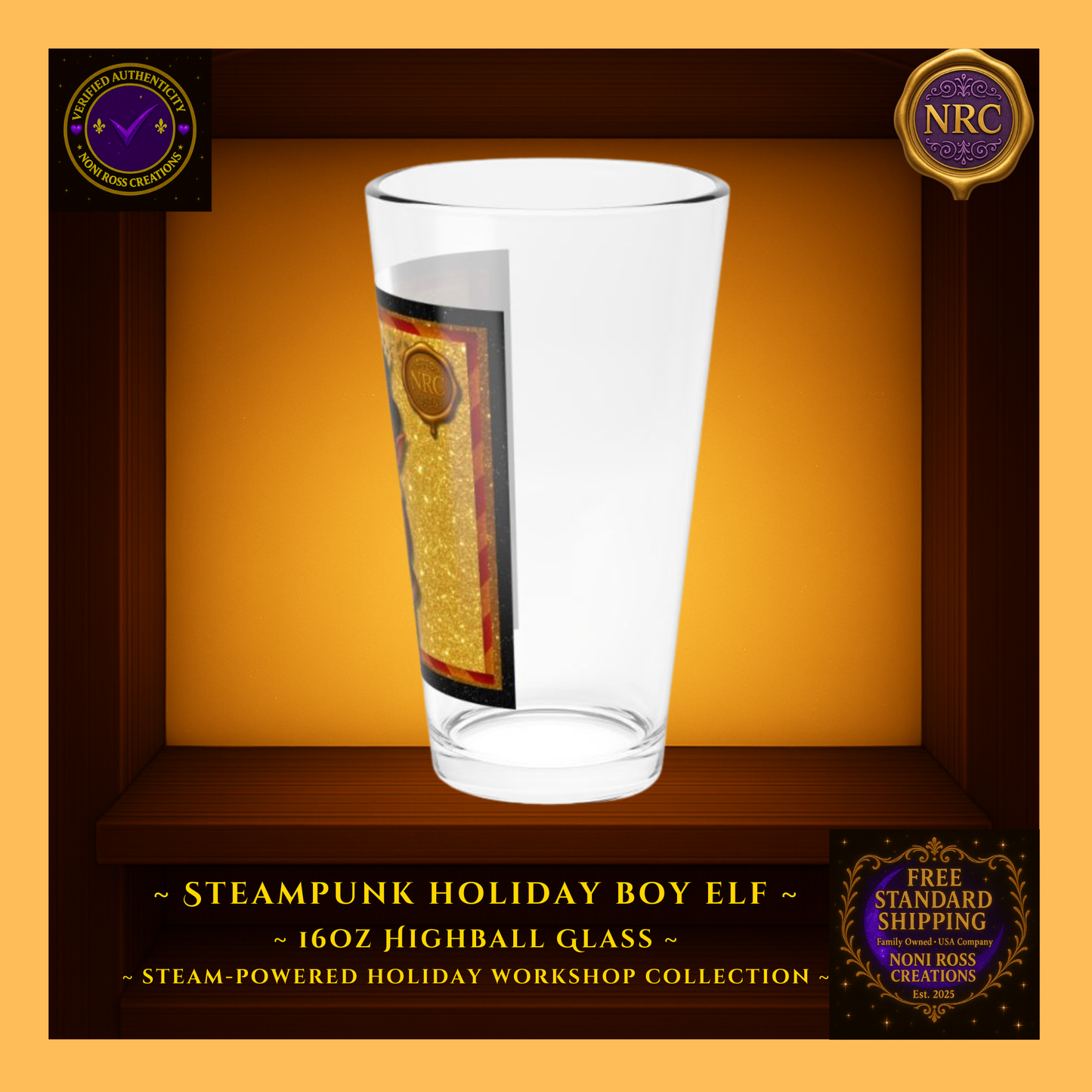 Steam-Powered Boy Elf 16oz highball glass in NRC cubby frame, right side view highlighting glass shape and edge of festive steampunk artwork.