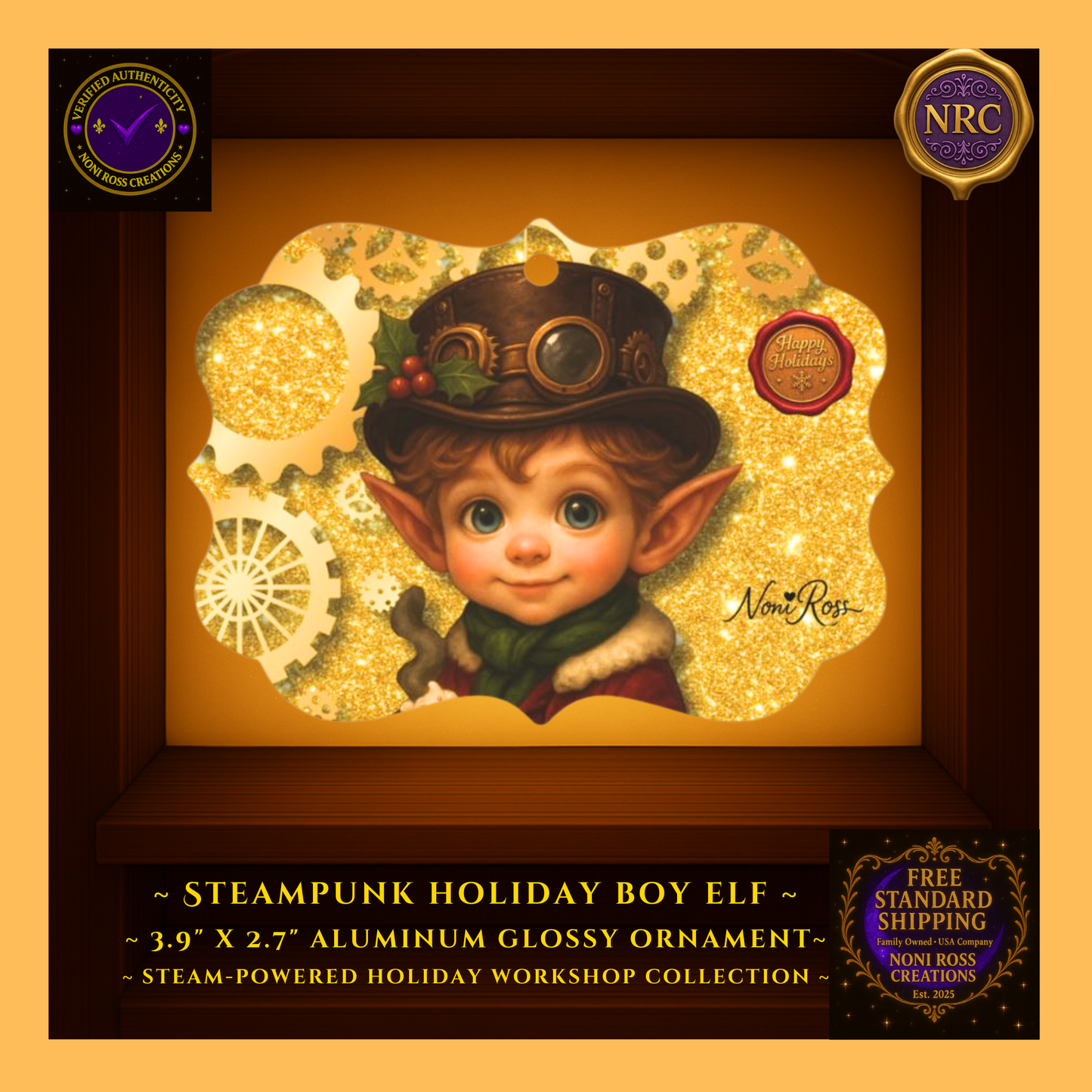 Back view of Steam-Powered Boy Elf metal Christmas ornament in NRC cubby frame, showing smooth metal finish and Noni Ross Creations branding area.
