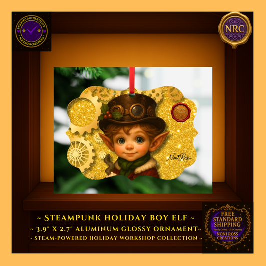 Steam-Powered Boy Elf metal ornament in NRC cubby lifestyle scene, styled hanging as whimsical Christmas tree décor.