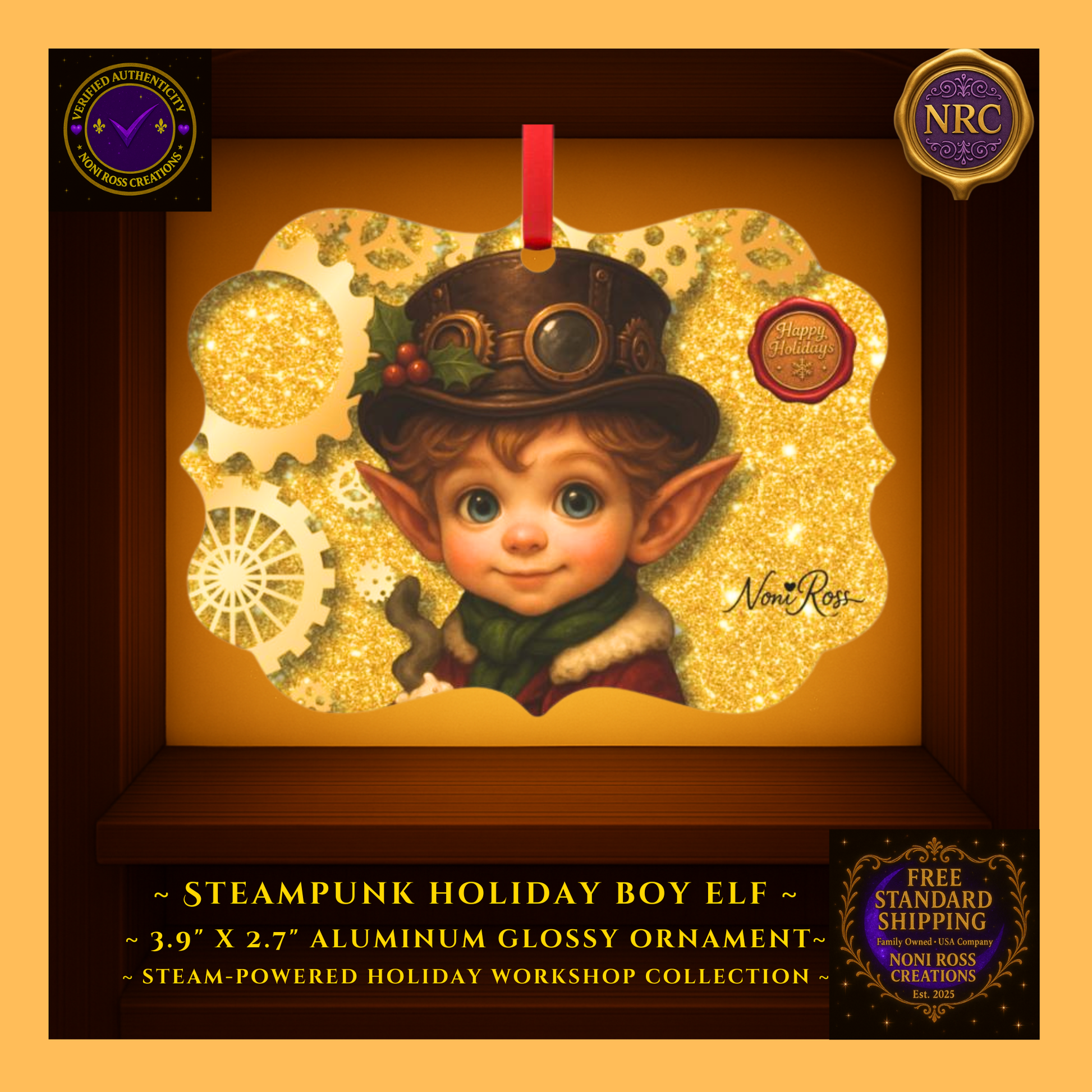 Steam-Powered Boy Elf metal Christmas ornament centered in NRC cubby frame, full front steampunk holiday boy elf artwork clearly visible.