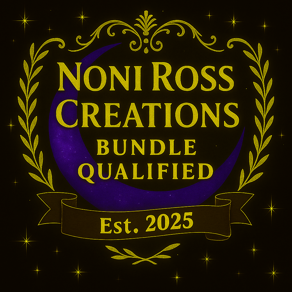 Noni Ross Creations ‘Bundle Qualified – Est. 2025’ badge with elegant laurel wreath, gold lettering, and crescent moon on a starry black background.