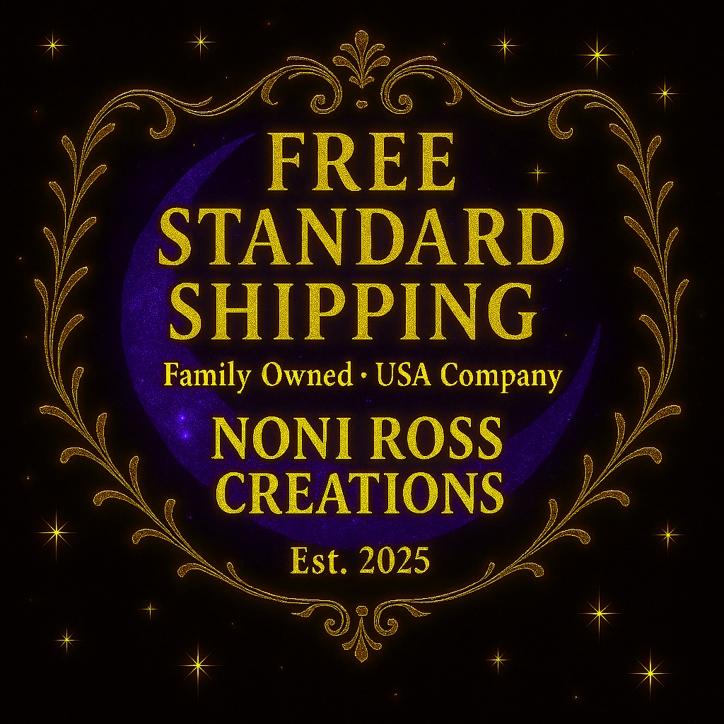 Noni Ross Creations badge with golden ornate frame stating ‘Free Standard Shipping – Family Owned – USA Company – Est. 2025’ on a starry purple background.