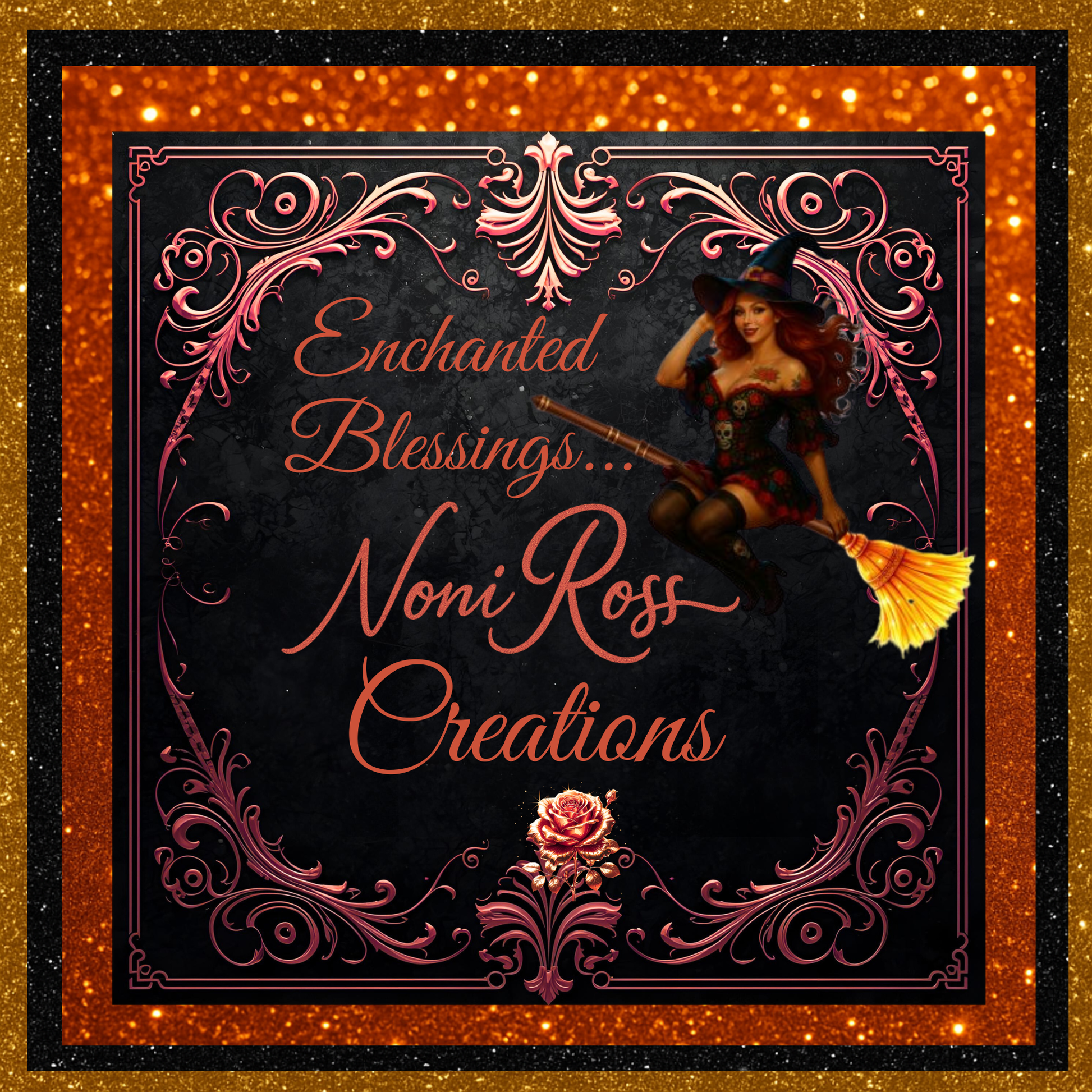 Noni Ross Creations Halloween brand badge with witch motif and sparkling orange-black frame