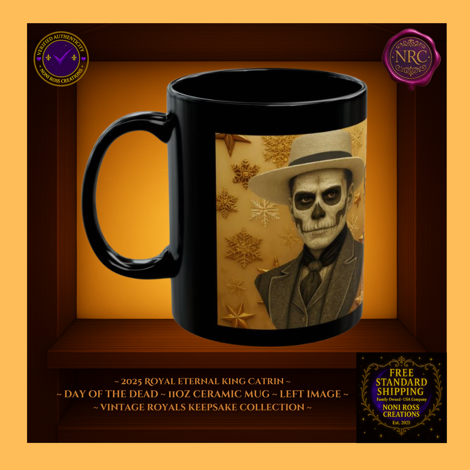 Left side — 2025 Eternal King Catrin Mug showing golden highlights and warm antique tones, 11 oz ceramic mug
