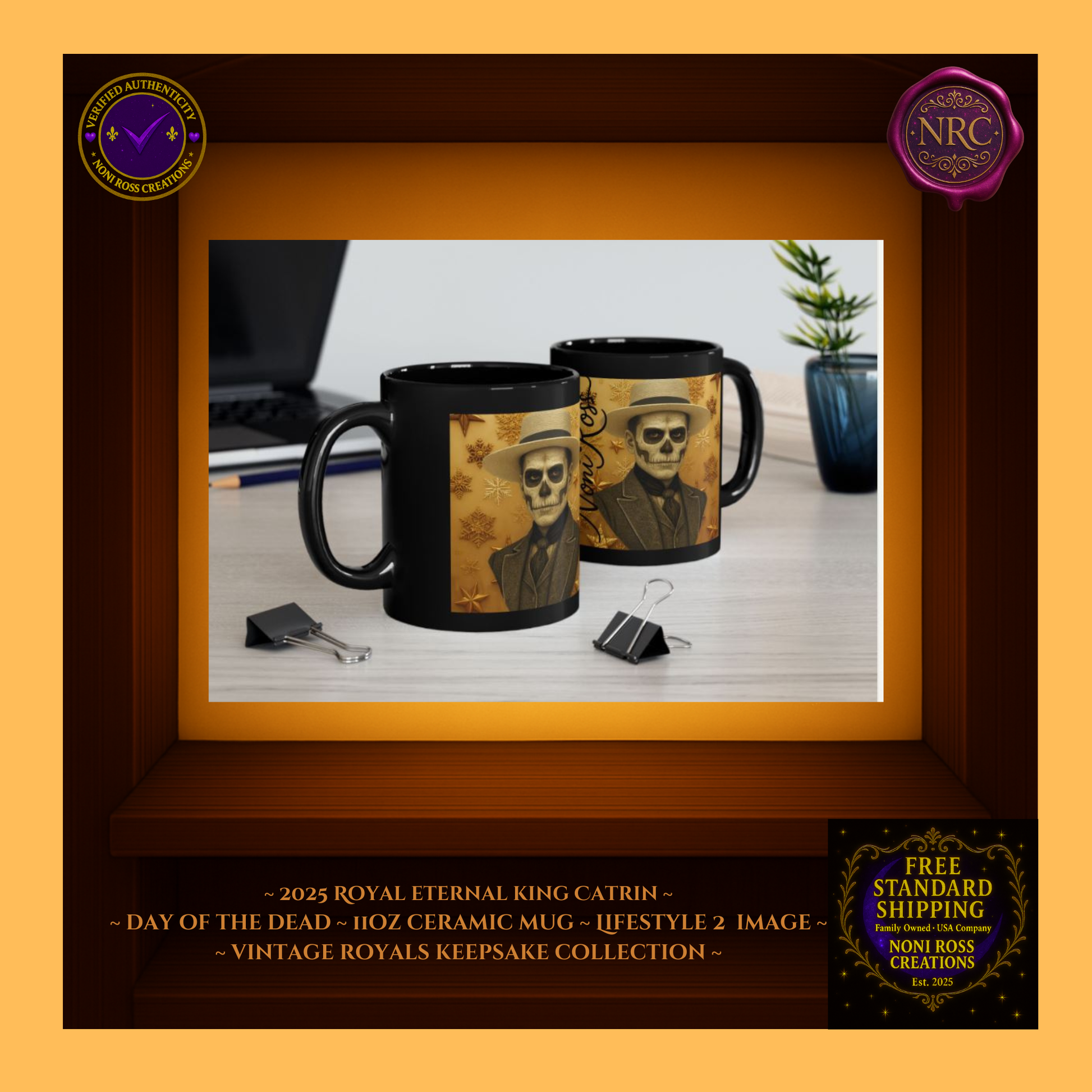 Warm tabletop display — Eternal King Catrin Mug in amber light, bronze suit detail