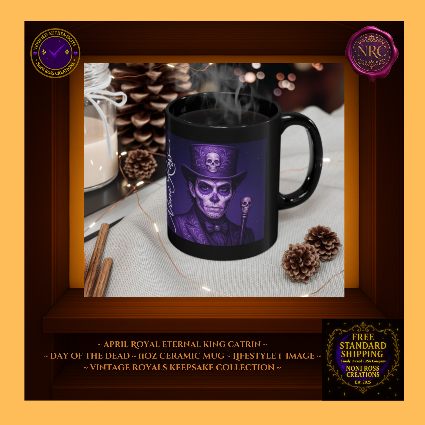 April King Catrin Mug beside candle and journal—royal morning ritual | 💙 Noni Ross Creations