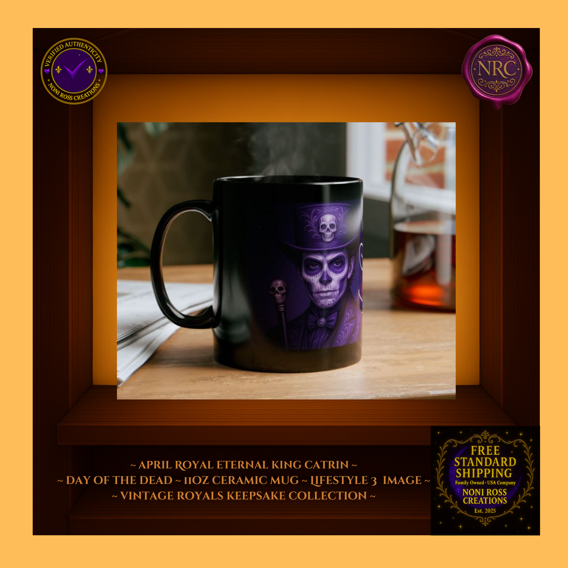 Collector display—April King Catrin and Queen Catrina Mugs, elegant sky-blue tones | 💙 NoniRossCreations.com