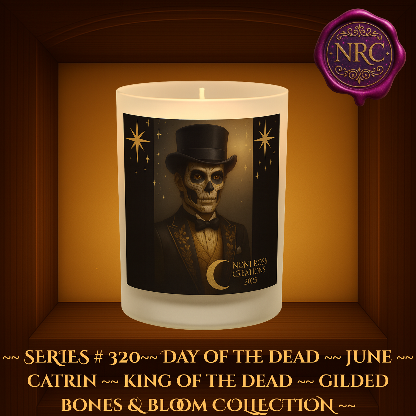 Series #320 June Day of the Dead Catrin Candle featuring skeletal face, black and gold embroidered jacket, skull-topped cane, and dramatic celestial backdrop by Noni Ross Creations