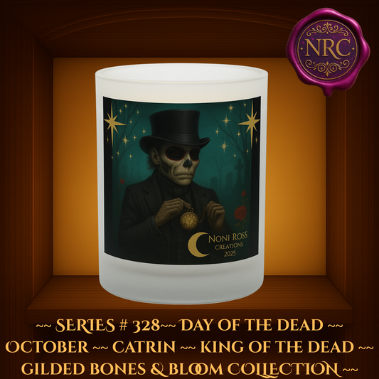 Series #328 November Day of the Dead Catrin Candle featuring skeletal face with red sugar skull accents, antique pocket watch, black suit, and teal graveyard backdrop by Noni Ross Creations