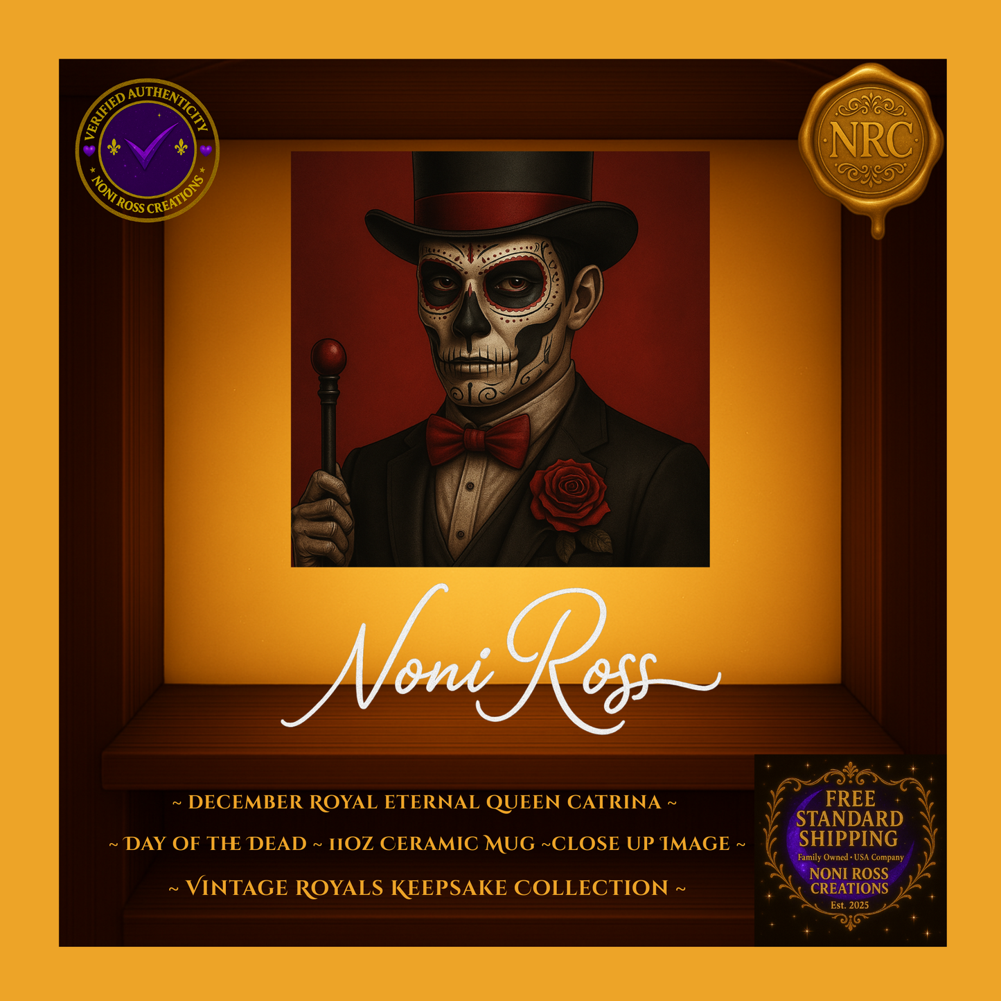 Close-up of February Catrin showing intricate red sugar-skull makeup and refined vintage attire | Noni Ross Creations