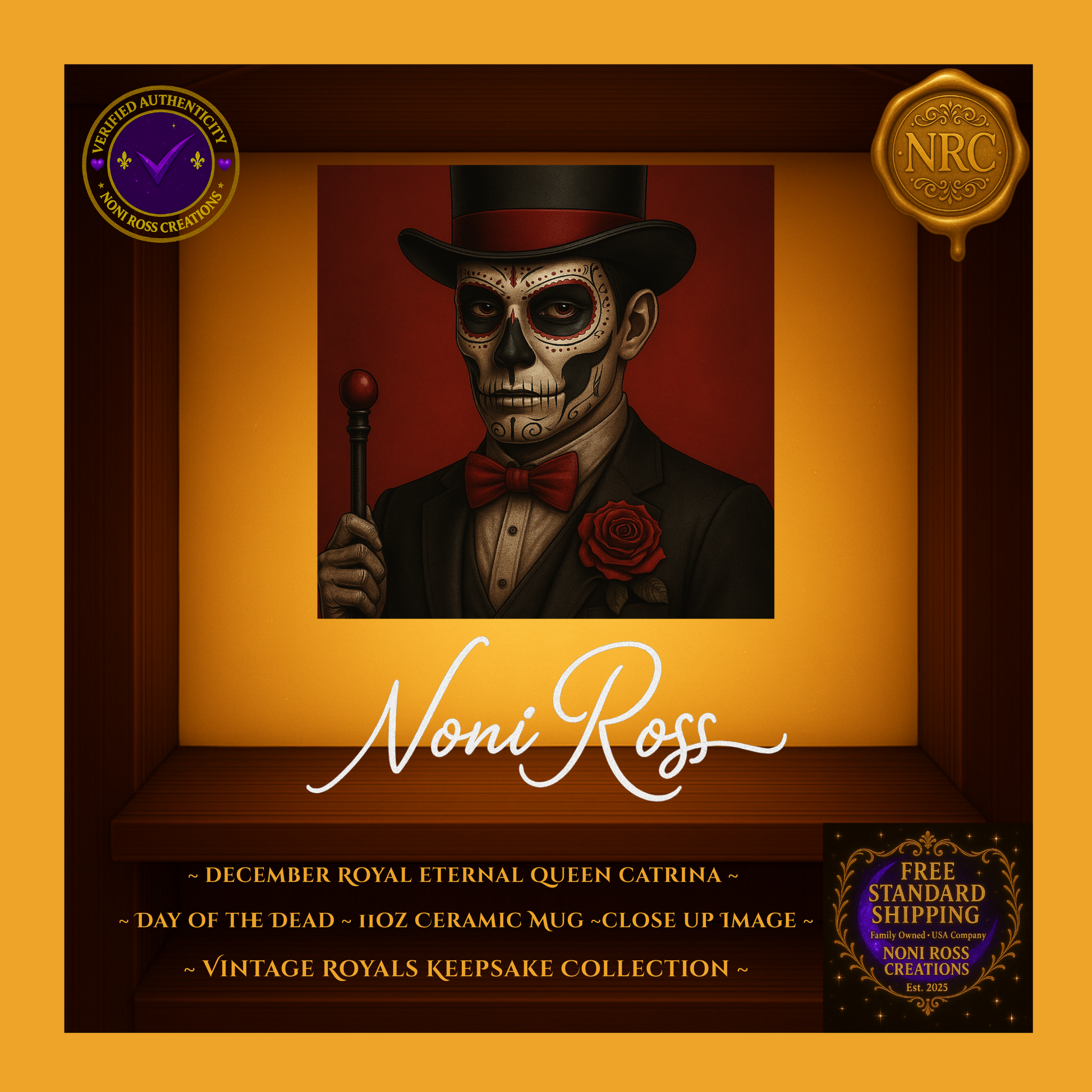 Close-up of February Catrin showing intricate red sugar-skull makeup and refined vintage attire | Noni Ross Creations