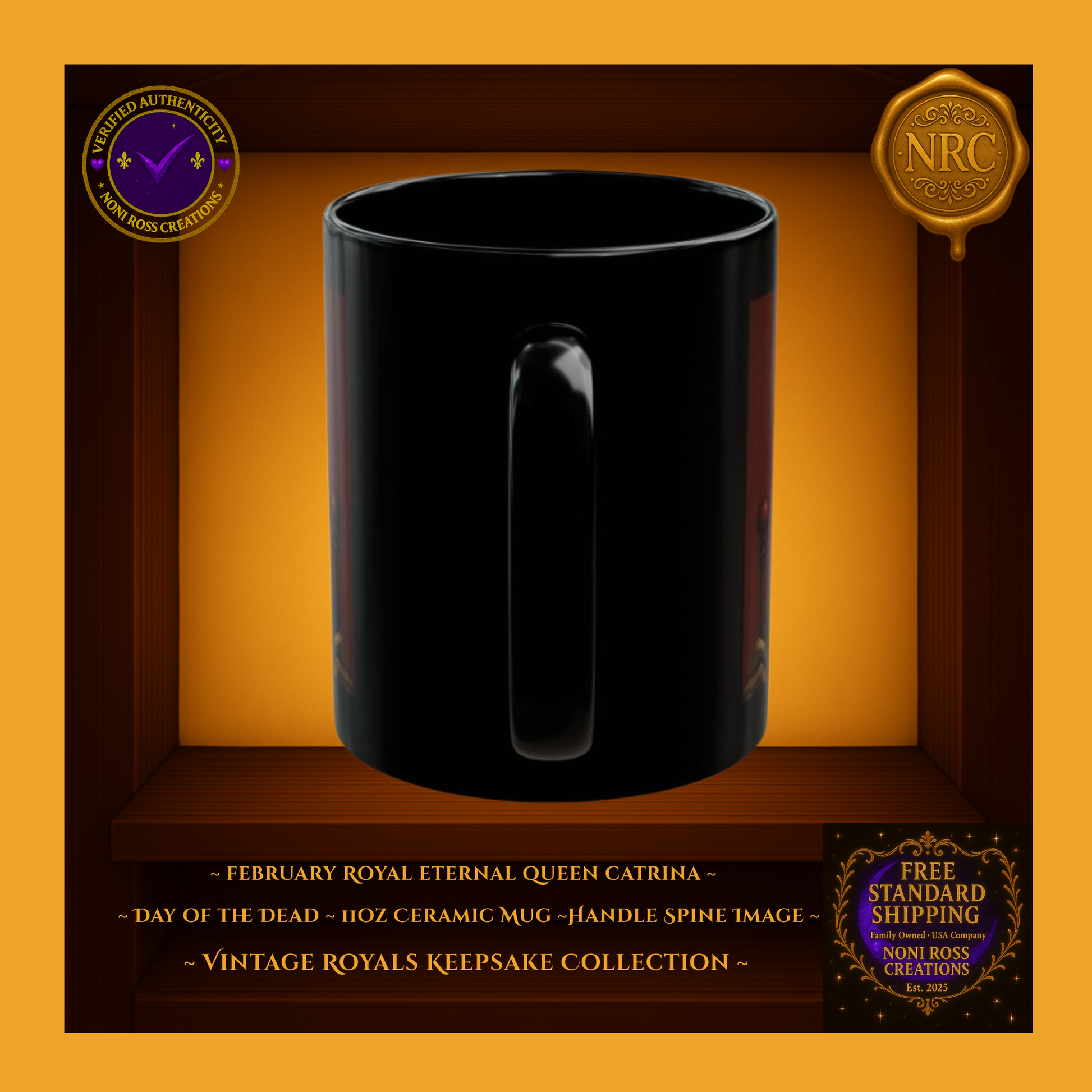 Handle side of February Catrin 11oz ceramic mug with glossy black finish and deep red hue | Noni Ross Creations