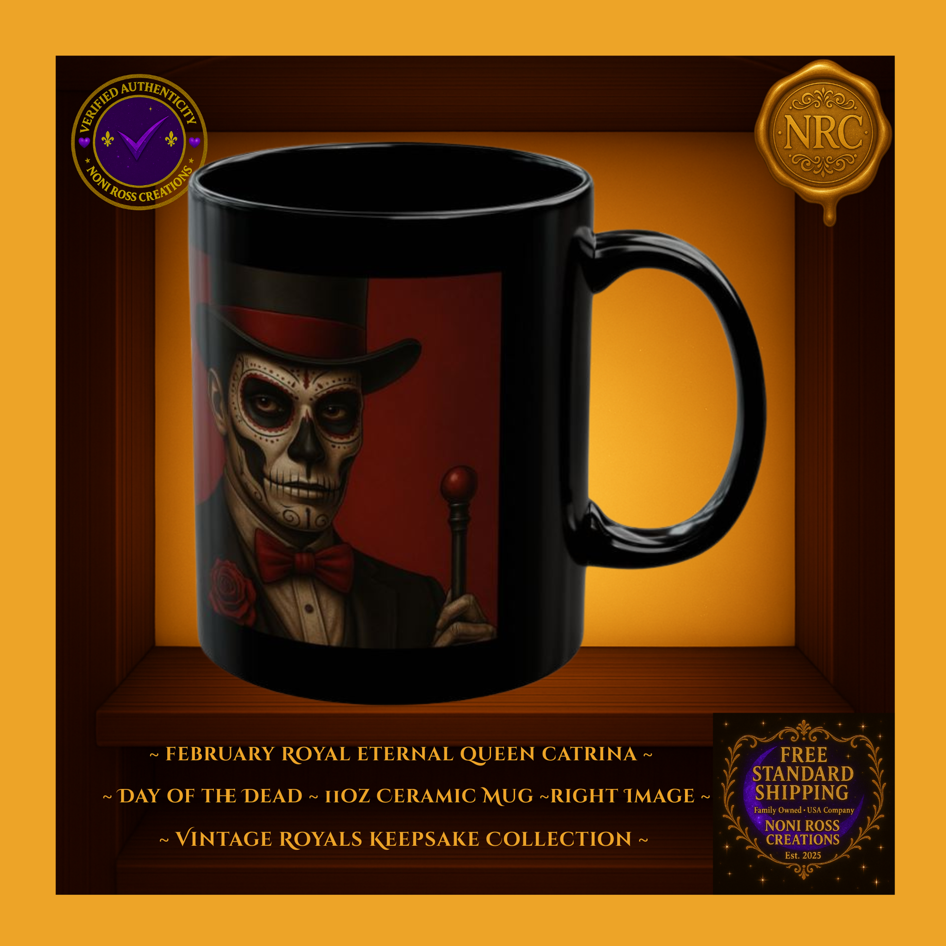 Right side of February Catrin Mug showing dark suit texture and subtle red lighting | Noni Ross Creations