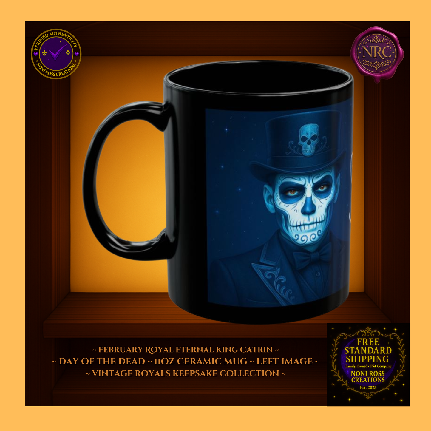 Left side of January Eternal King Catrin Mug showing crown, lapel jewels, and ornate silver detailing, 11oz ceramic