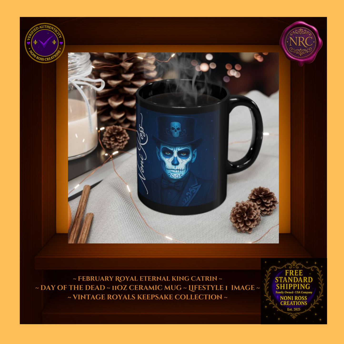 January Eternal King Catrin Mug styled on desk with journal and pen—elegant gothic coffee ritual | Noni Ross Creations