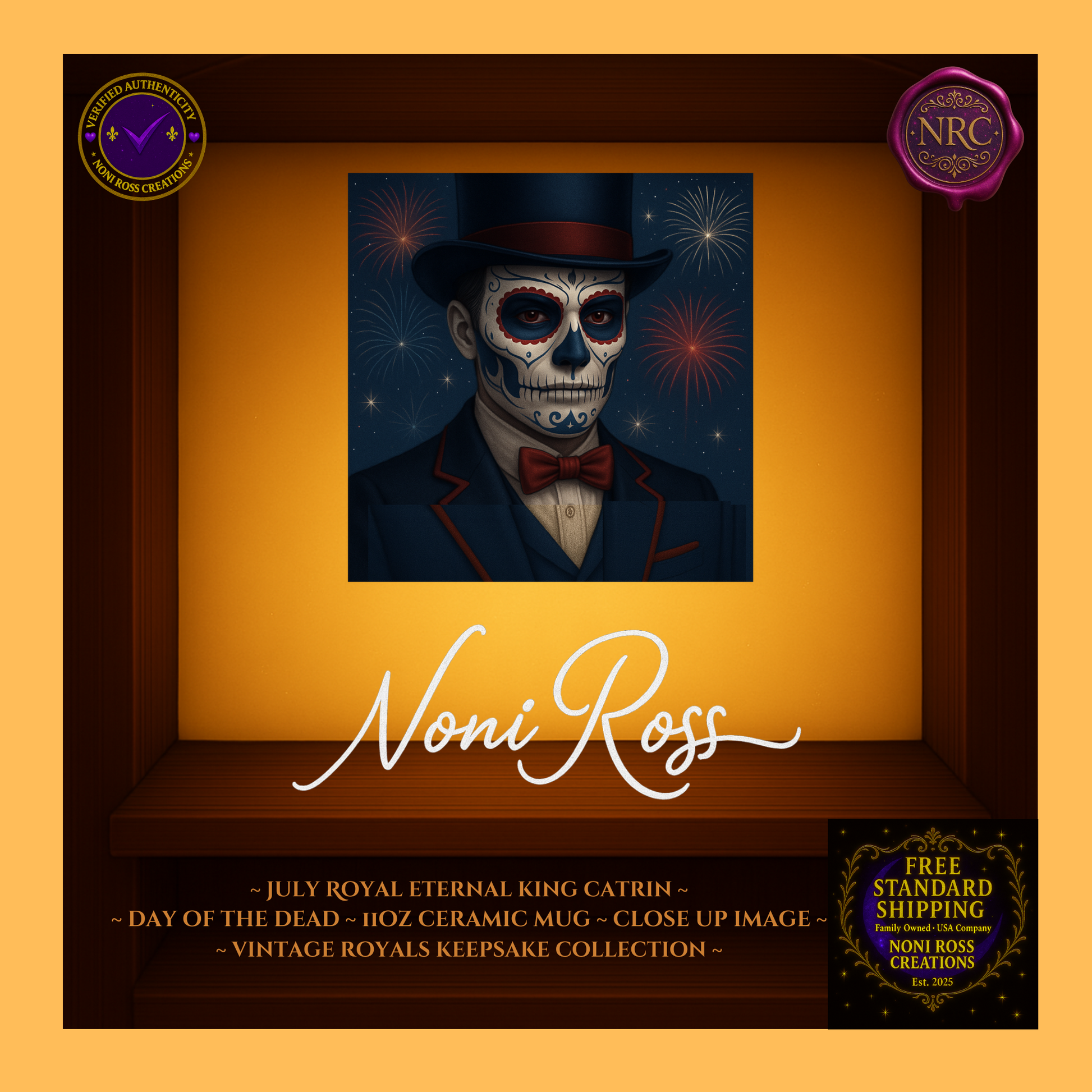 Close-up of July King Catrin with jeweled crown and patriotic firelight reflection—vintage royal portrait