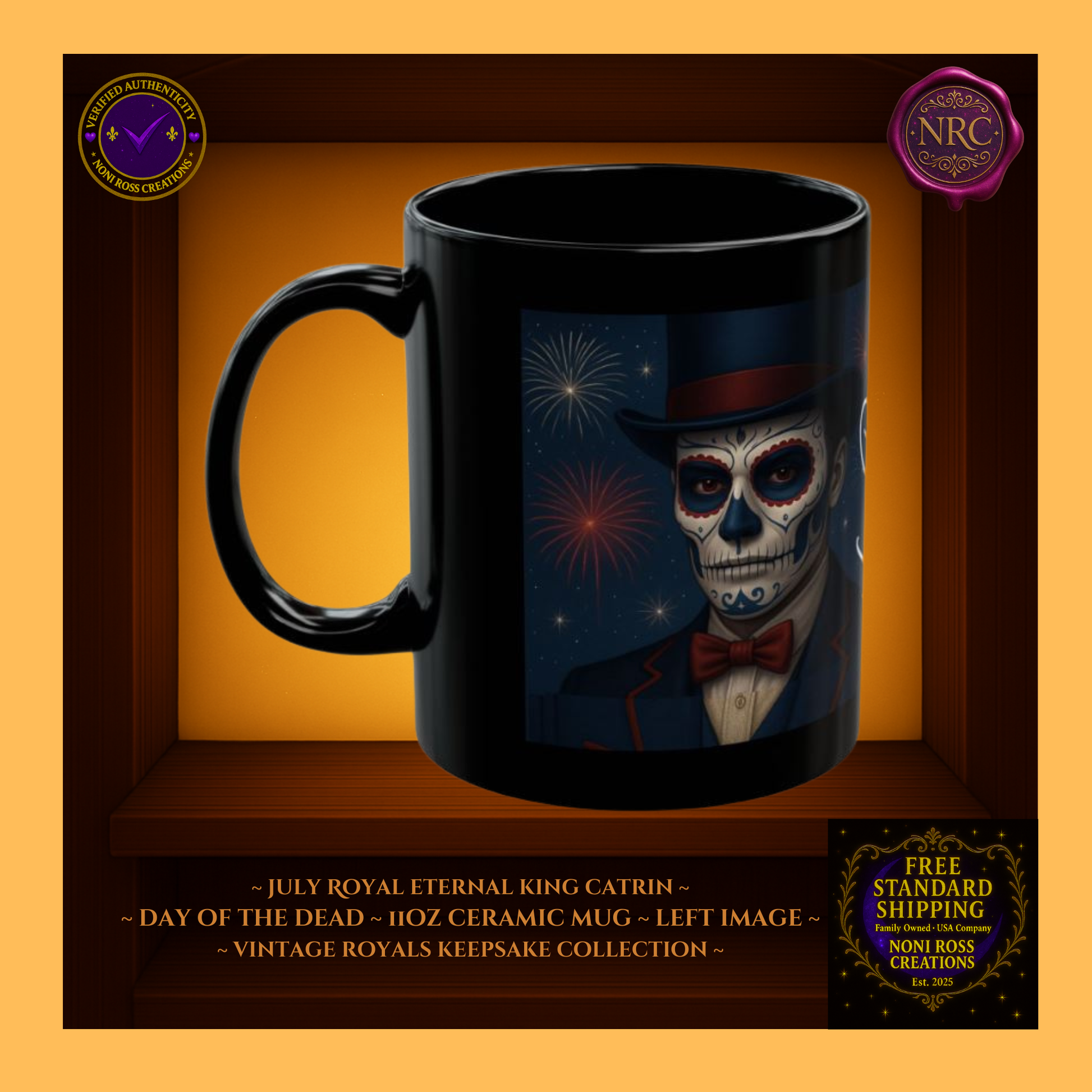 Left side—July Eternal King Catrin Mug showing gold accents and red cape detail, 11 oz ceramic mug
