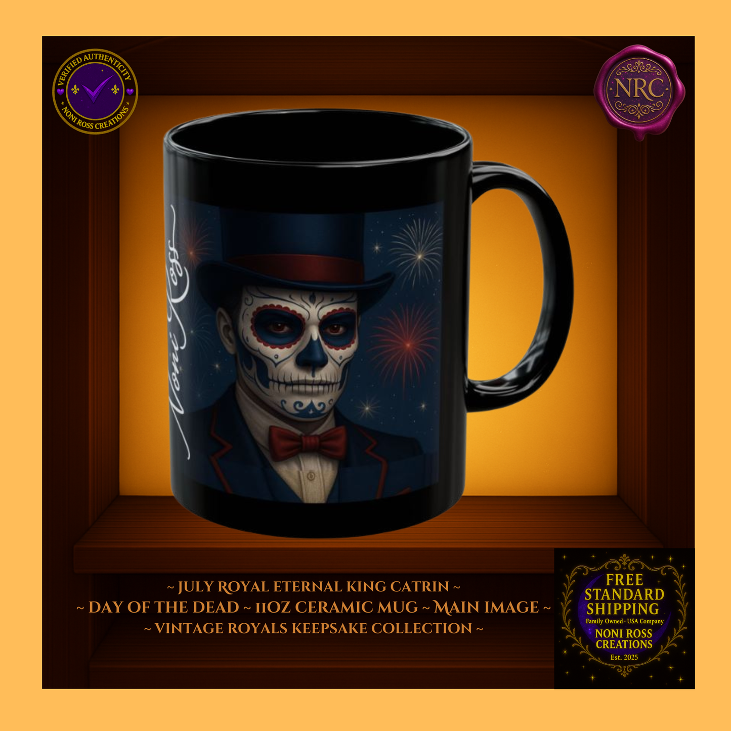 July Eternal King Catrin Mug 11 oz in royal blue, crimson red, and gold tones | 💜 Noni Ross Creations