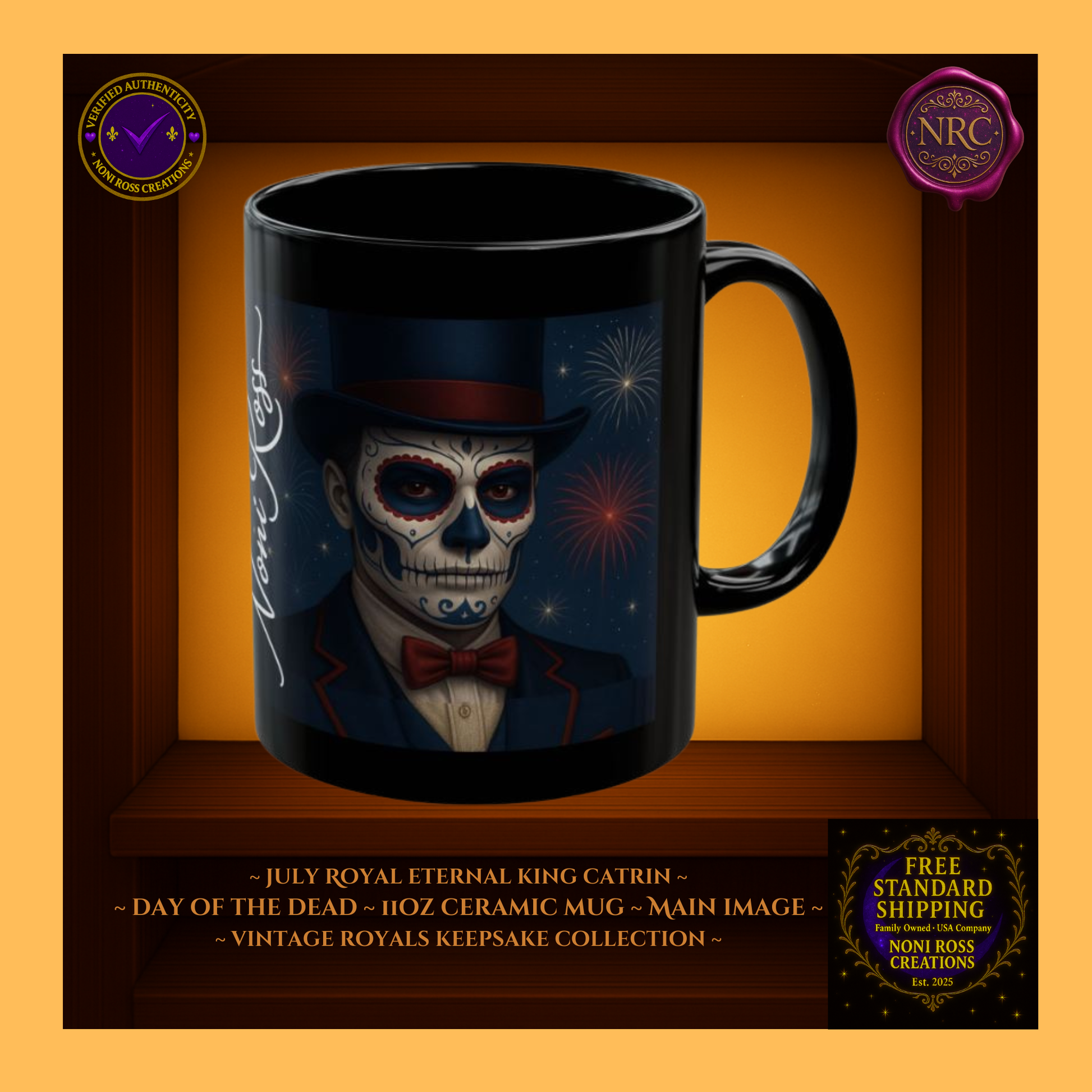 July Eternal King Catrin Mug 11 oz in royal blue, crimson red, and gold tones | 💜 Noni Ross Creations