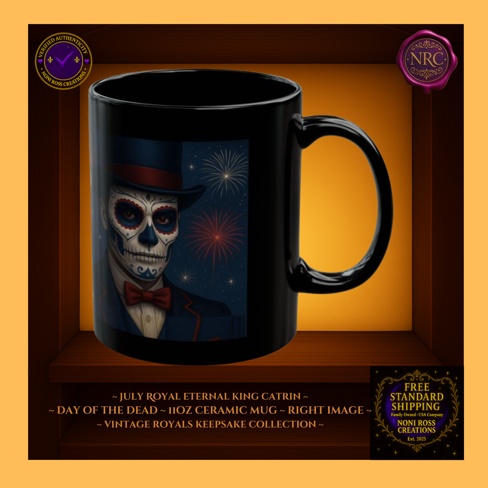 Right side—July King Catrin Mug with white and gold trim, regal patriotic theme | collectible gothic art