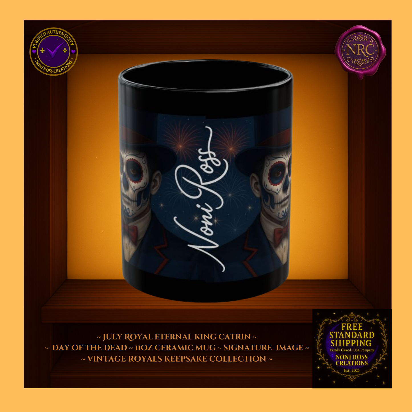 Signature spine—💜 Noni Ross Creations logo with Vintage Royals filigree on deep blue background