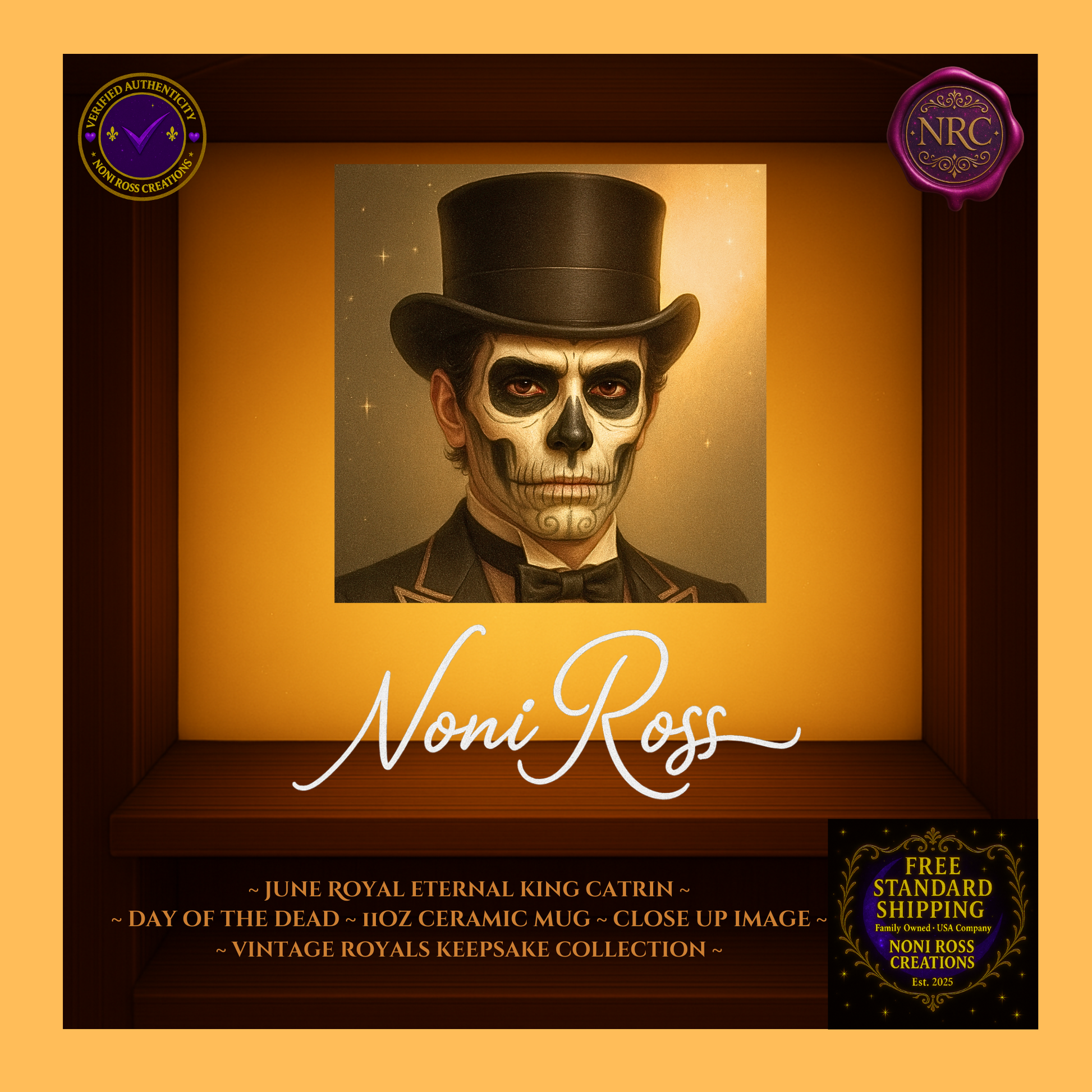 Close-up of June King Catrin face with jeweled crown and silver-gold highlights—vintage royal art