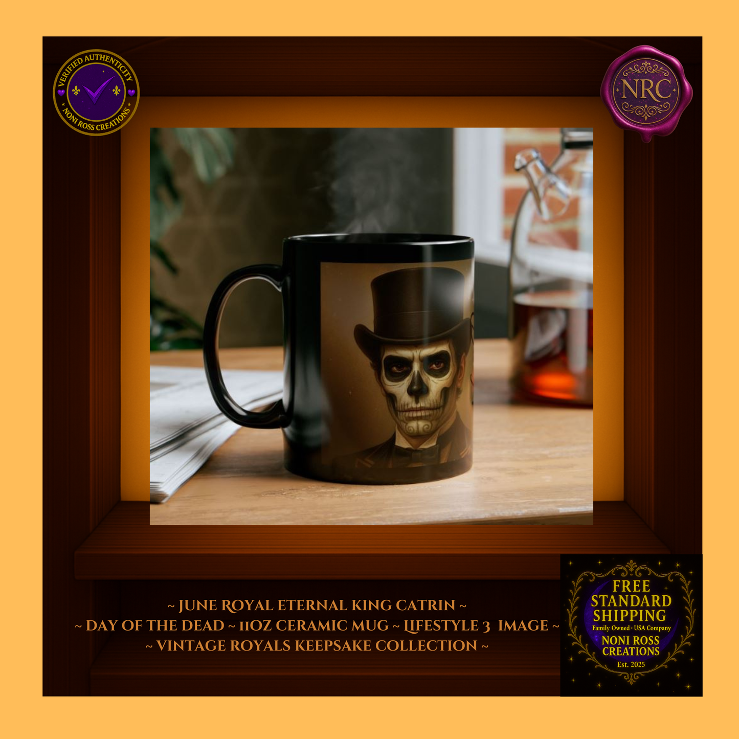 Collector display—June King Catrin and Queen Catrina Mugs | 🩵 NoniRossCreations.com