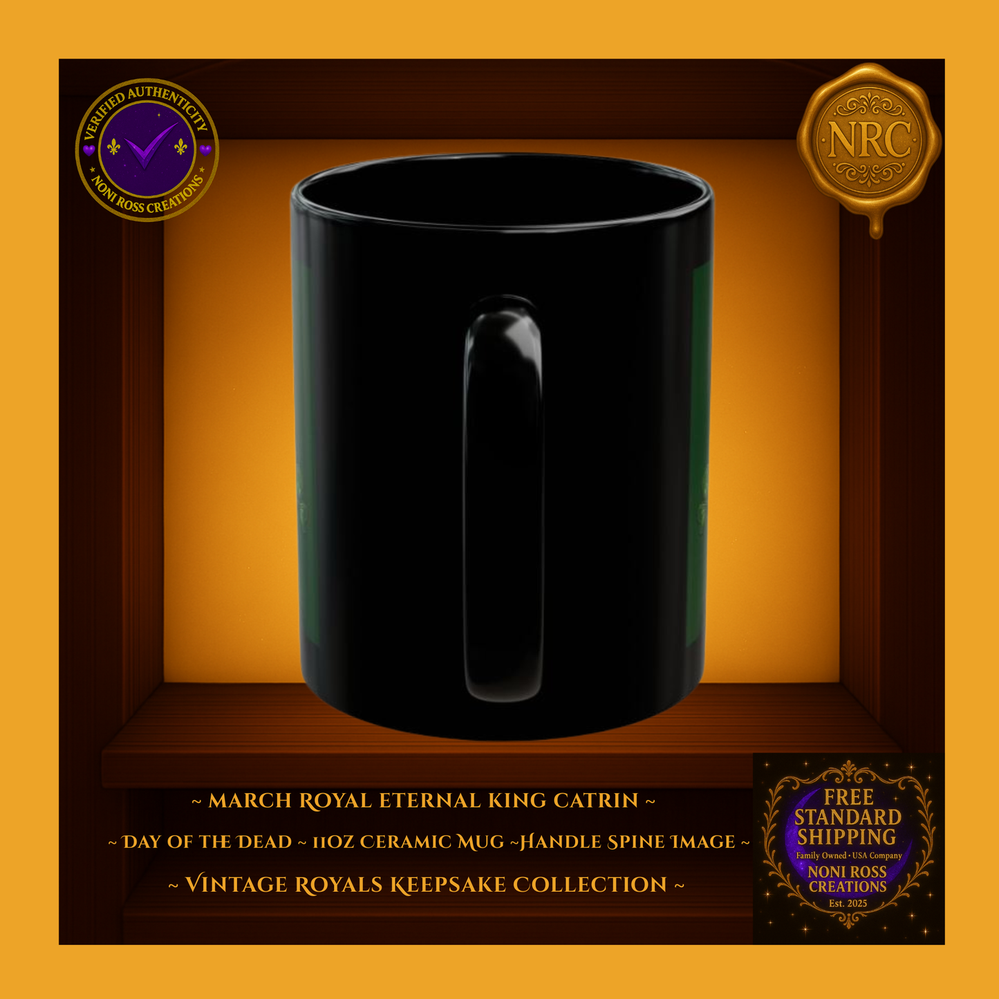 Handle side of March Catrin 11oz mug with glossy black finish and emerald reflection | Noni Ross Creations