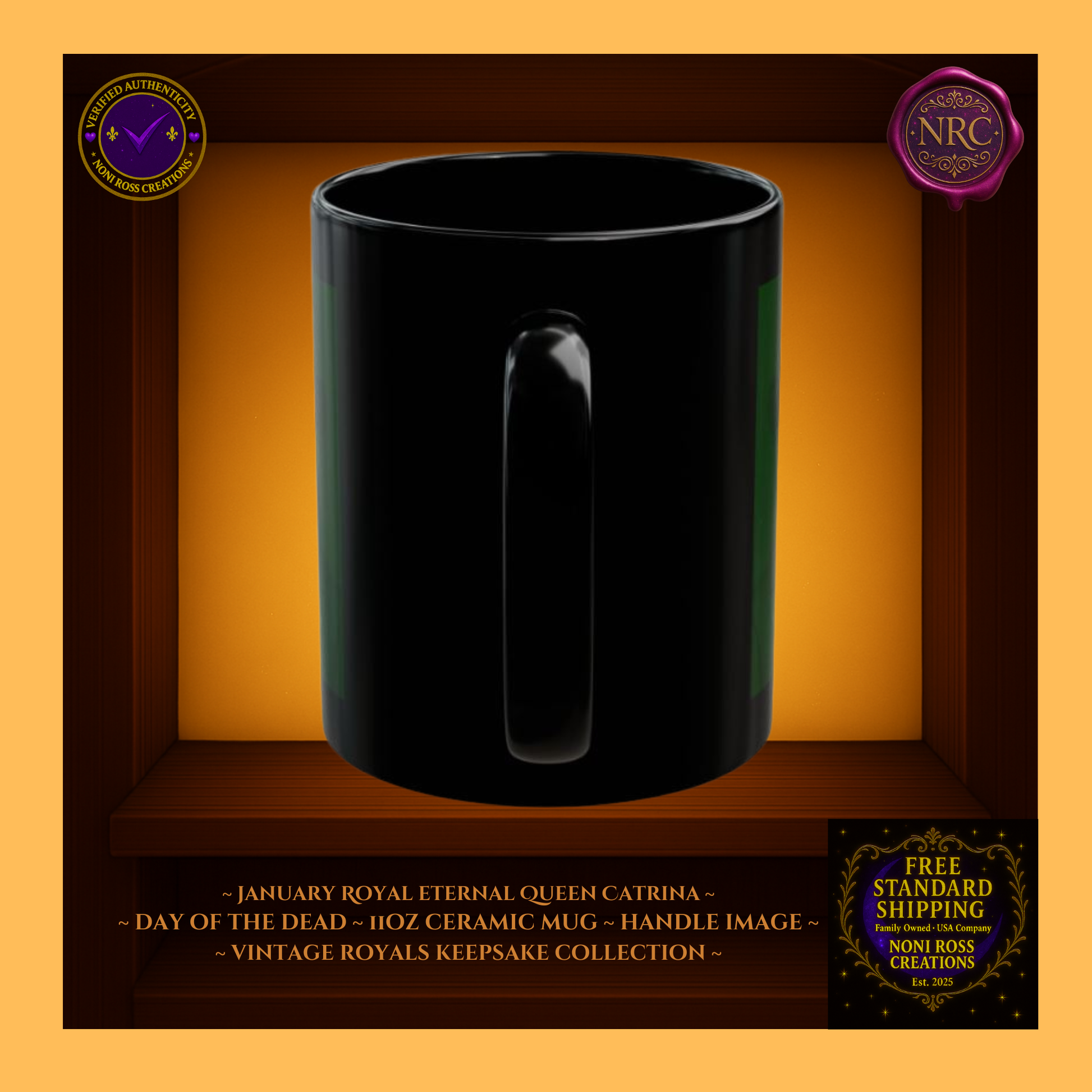 Handle detail—porcelain white interior with emerald and gold edging, 11 oz ceramic collectible mugs