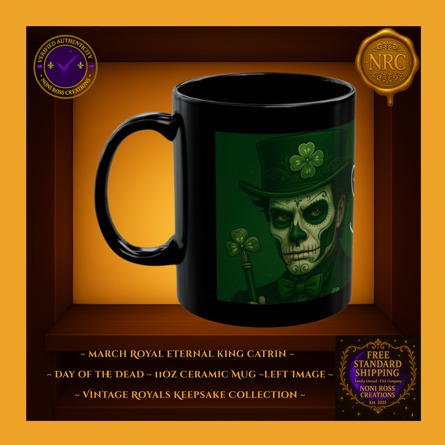 Left side of March Catrin Mug showing wraparound emerald background and clover artwork | Noni Ross Creations